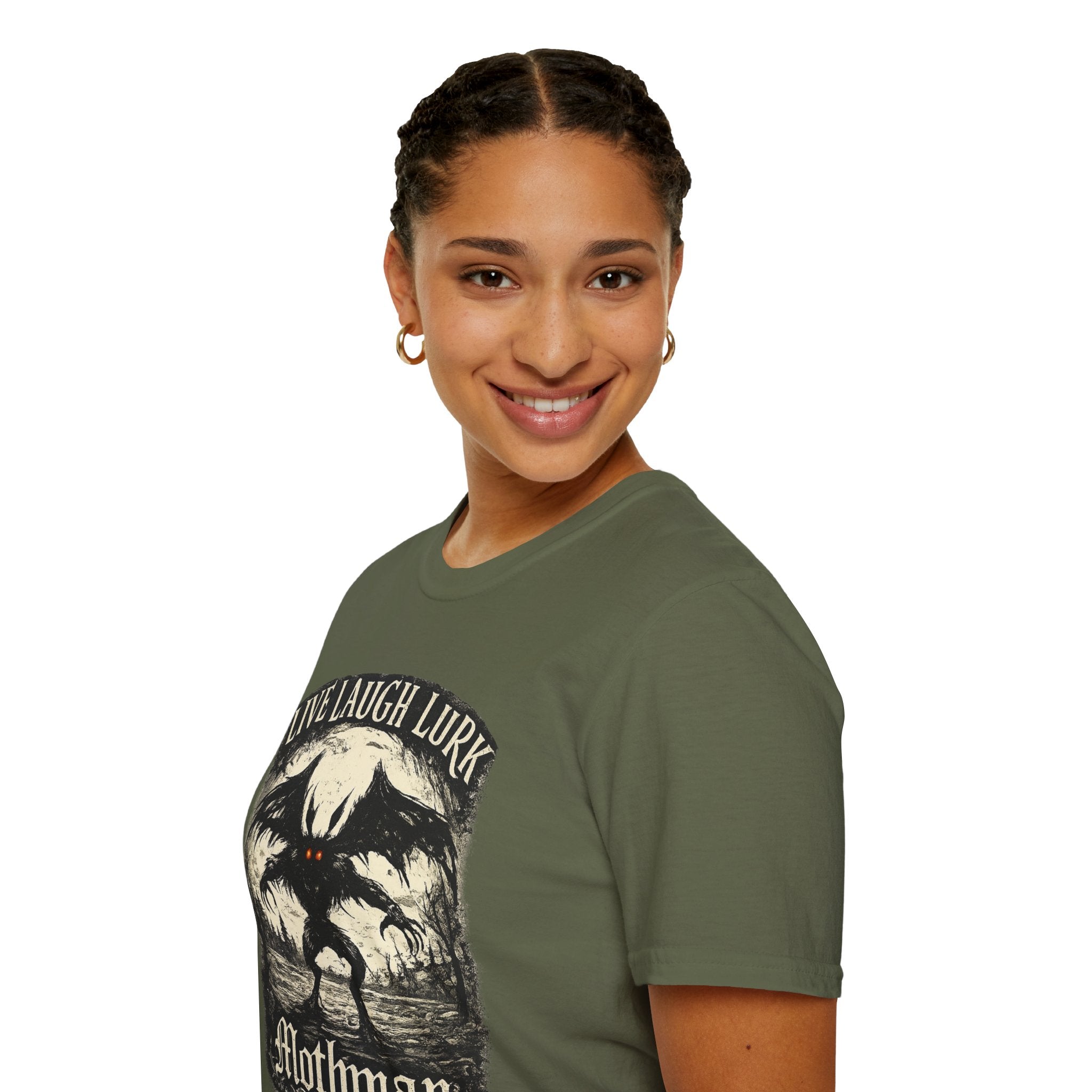 Mothman Live Laugh Lurk Graphic T-Shirt | Funny Cryptid Tee | Vintage Horror Shirt | Spooky Halloween Gift | Paranormal Apparel