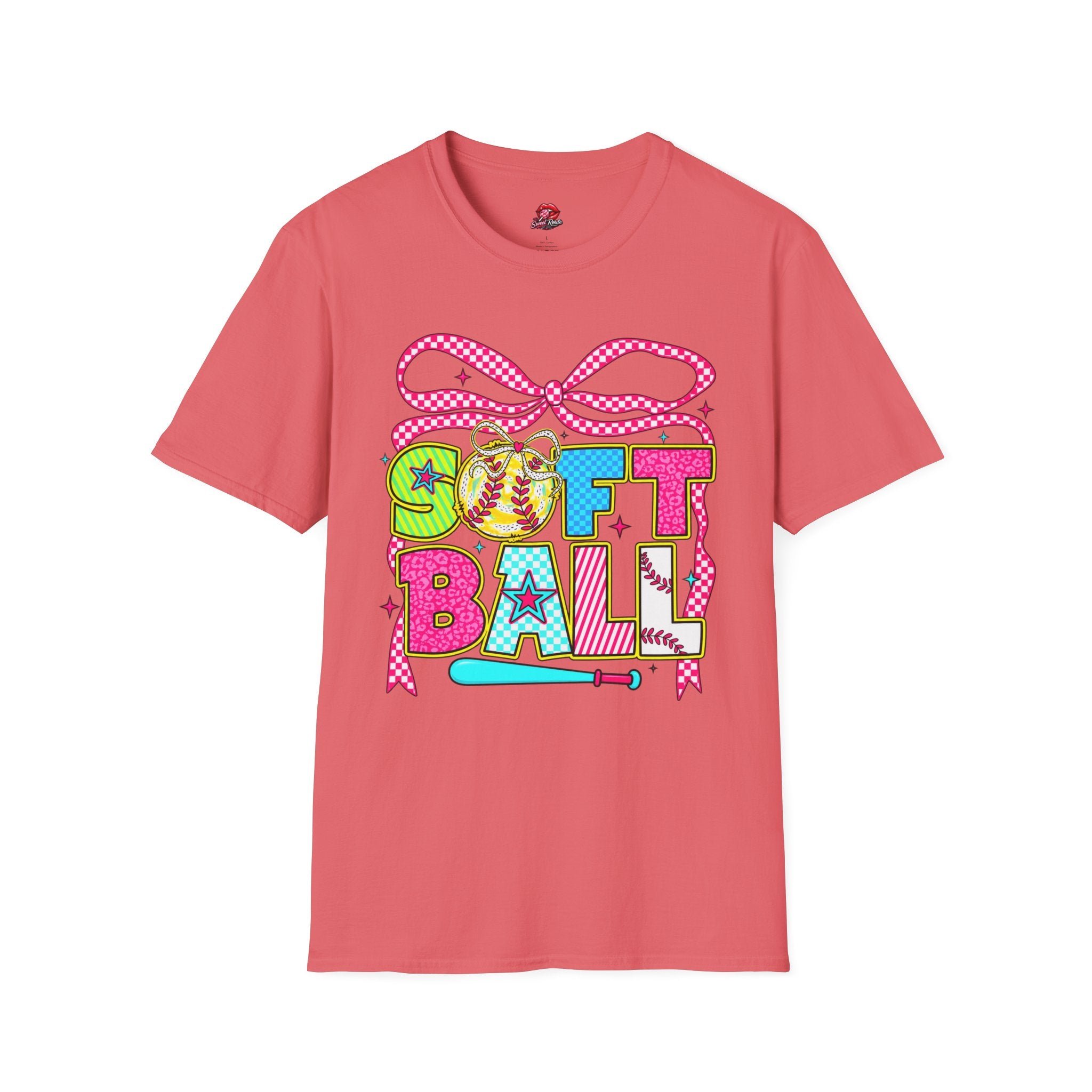 Colorful Bow & Bat Softball Tee
