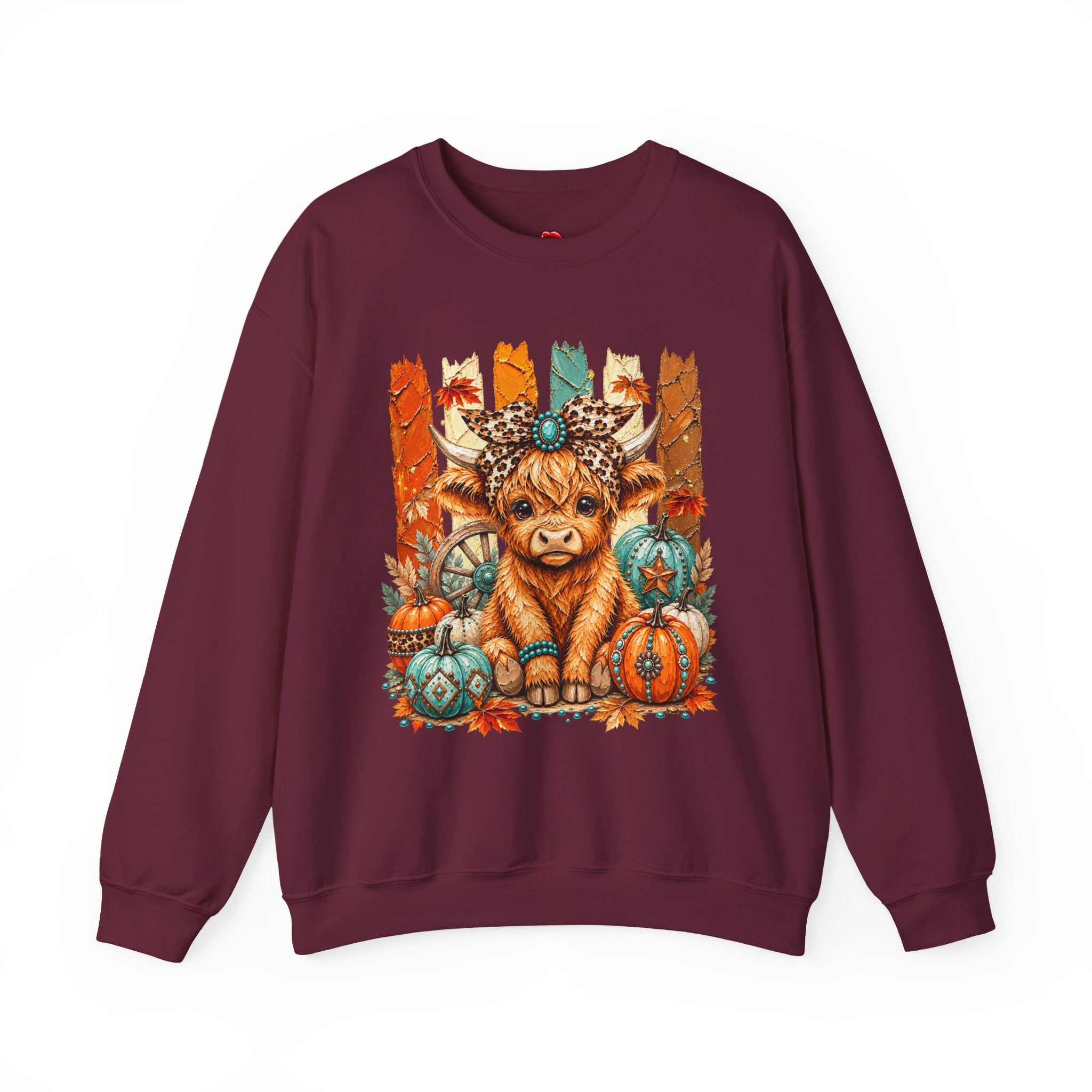 Autumn Highland Cow Crewneck Sweatshirt — Cute Fall Pumpkin Farm Sweatshirt