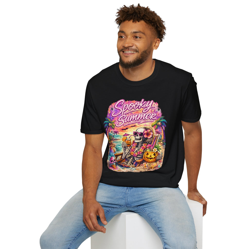 Spooky Summer T-Shirt | Retro Beach Skull & Palm Tree Shirt | Summerween Graphic Tee | Halloween Beach Vacation Shirt | Tropical Spooky Tee