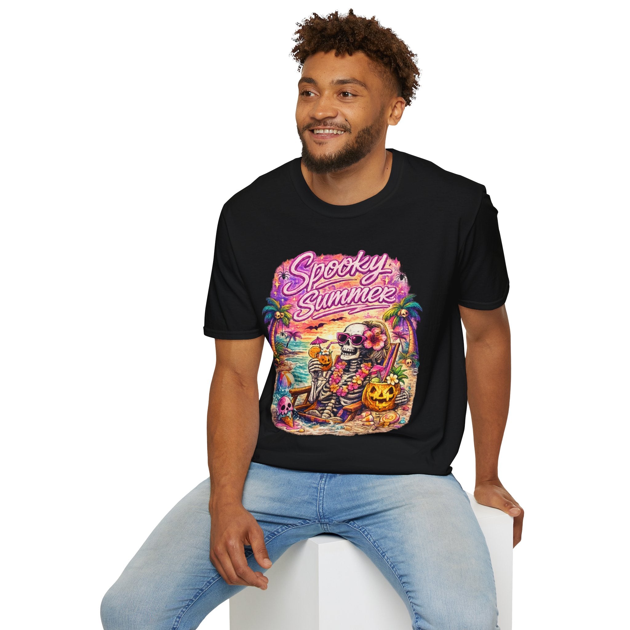 Spooky Summer T-Shirt | Retro Beach Skull & Palm Tree Shirt | Summerween Graphic Tee | Halloween Beach Vacation Shirt | Tropical Spooky Tee