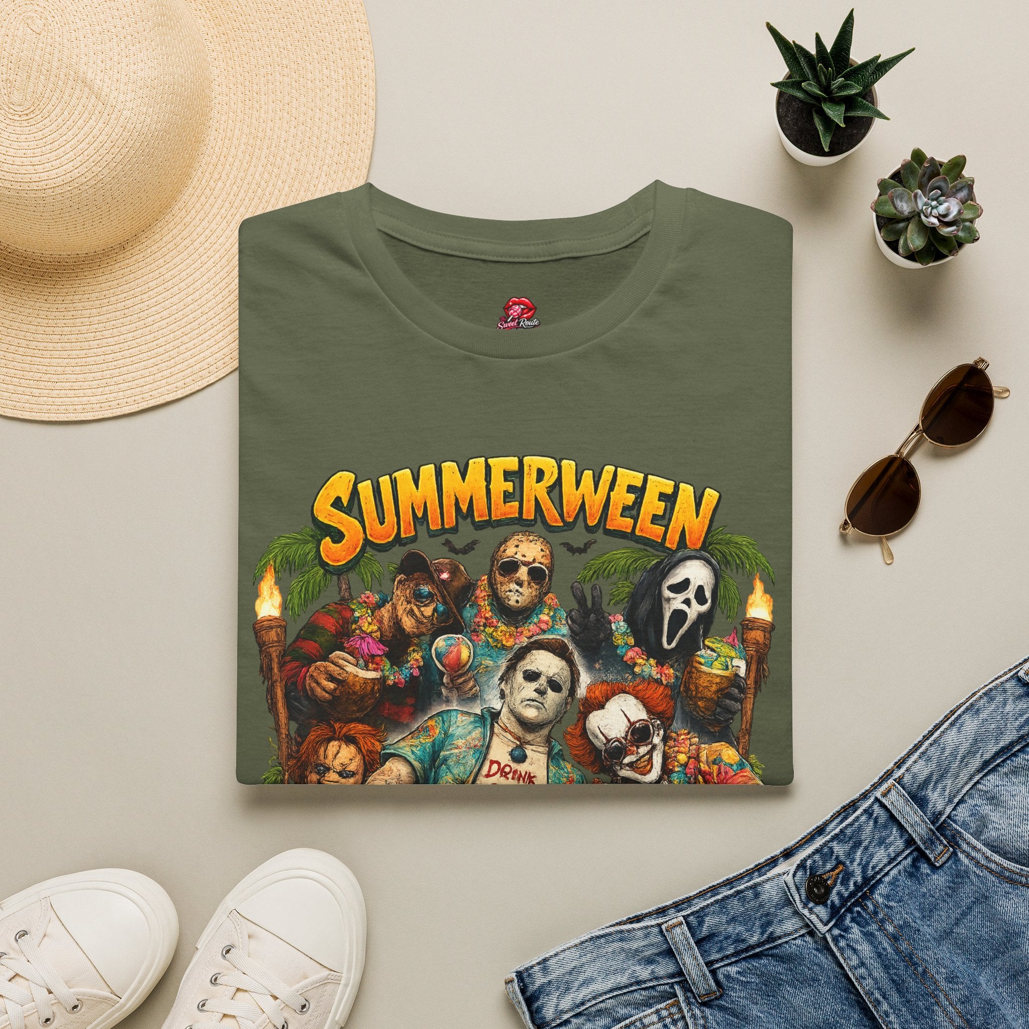 Summerween Horror Movie Characters T-Shirt | Retro Summer Halloween Tee | Spooky Beach Graphic Shirt | Horror Fan Gift | Vintage Summerween Tee