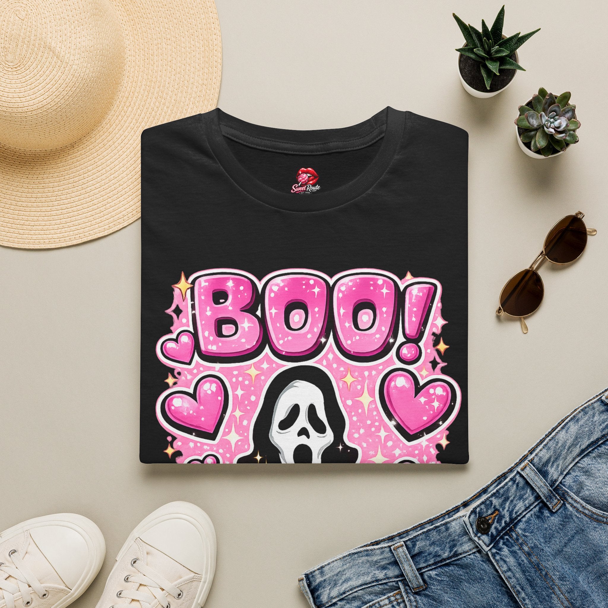 BOO Ghost with Pink Hearts T-Shirt | Cute Coquette Halloween Shirt | Pink Ghost Graphic Tee | Spooky Cute Fall Shirt | Girly Halloween Gift