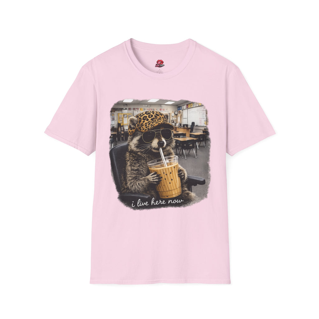 Cute Raccoon Drinking Boba T-Shirt | Leopard Bucket Hat Graphic Tee | Funny Bubble Tea Lover Shirt | Kawaii Animal Unisex Gift