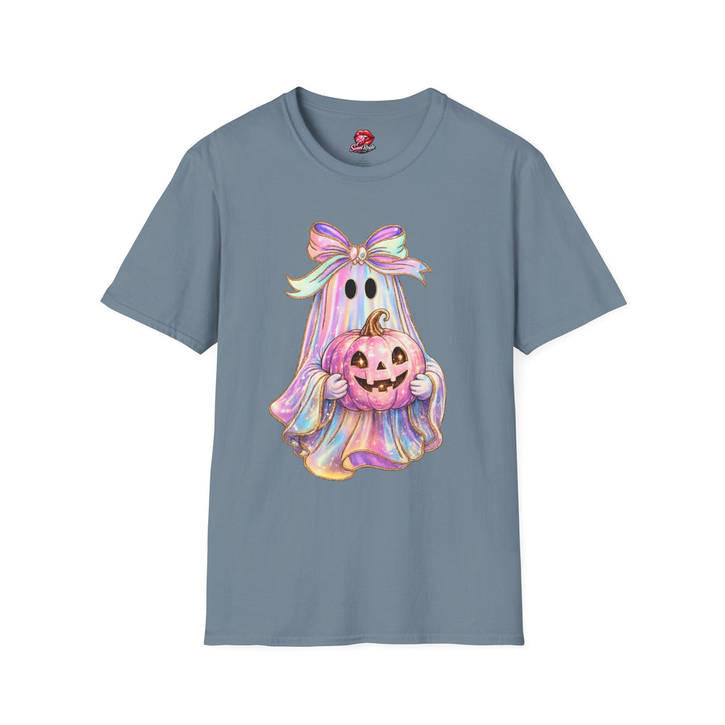 Pastel Ghost with Bow Halloween T-Shirt | Cute Coquette Ghost Graphic Tee | Pink Pumpkin Spooky Season Shirt