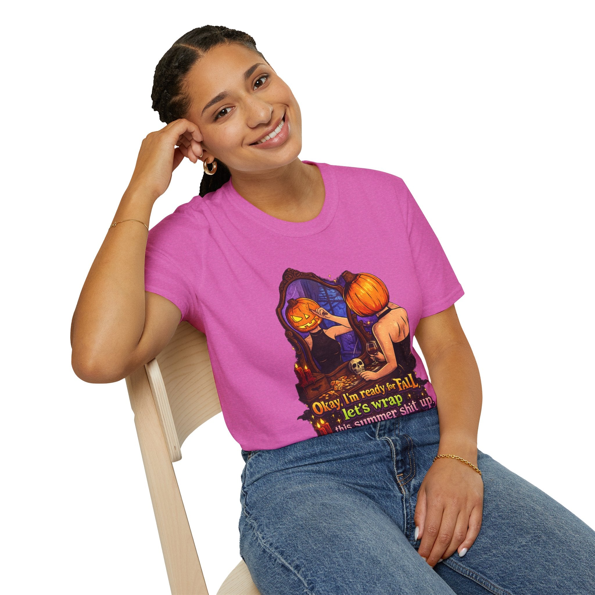 Pumpkin Mirror Halloween T‑Shirt — “Okay, I’m ready for Fall” Cute Spooky Season Shirt For Women