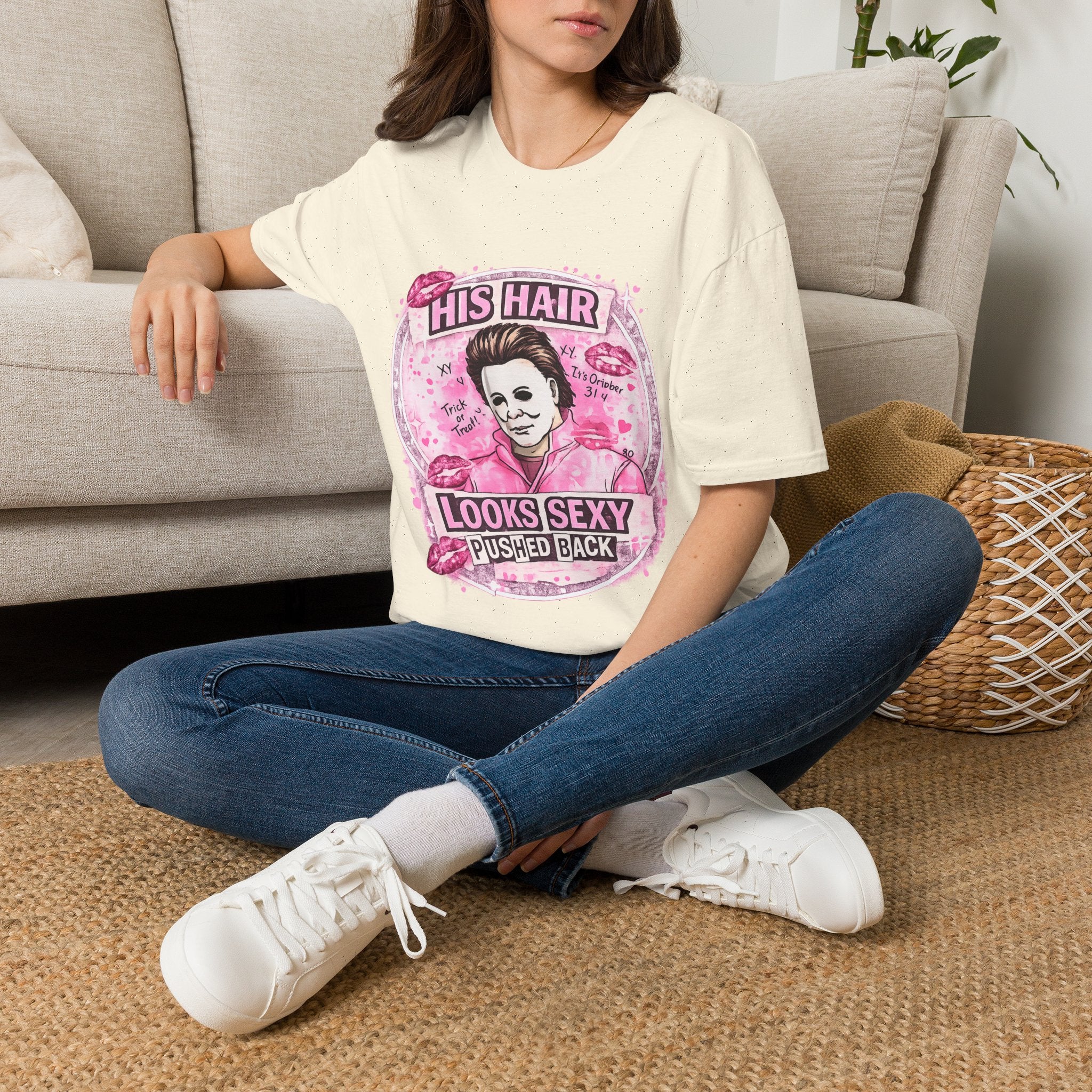 His Hair Looks Pushed Back T-Shirt | Funny Retro Graphic Tee | Pink Pop Culture Inspired Shirt | Cute Sarcastic Women’s Tee