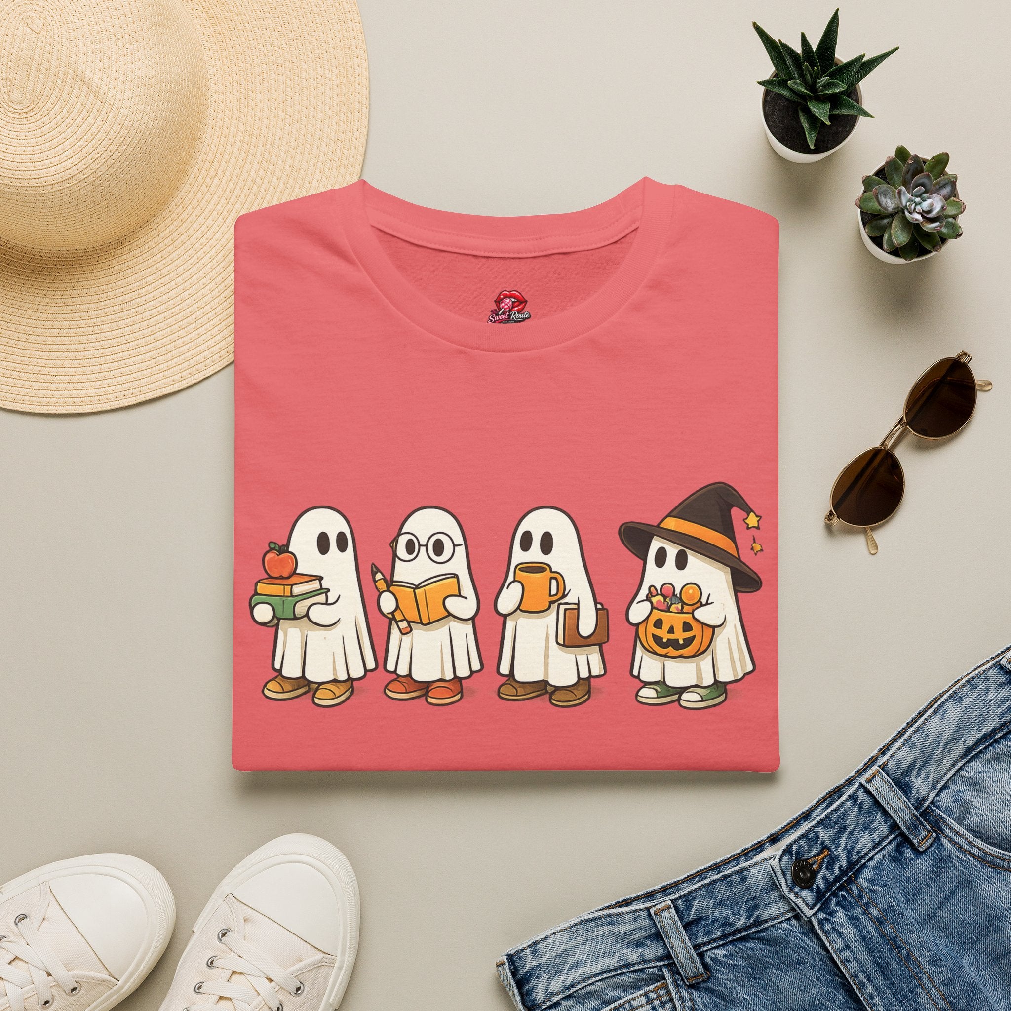 Cute Trick-or-Treat Ghosts Halloween T-Shirt | Adorable Ghost Graphic Tee | Spooky Season Fall Shirt for Women