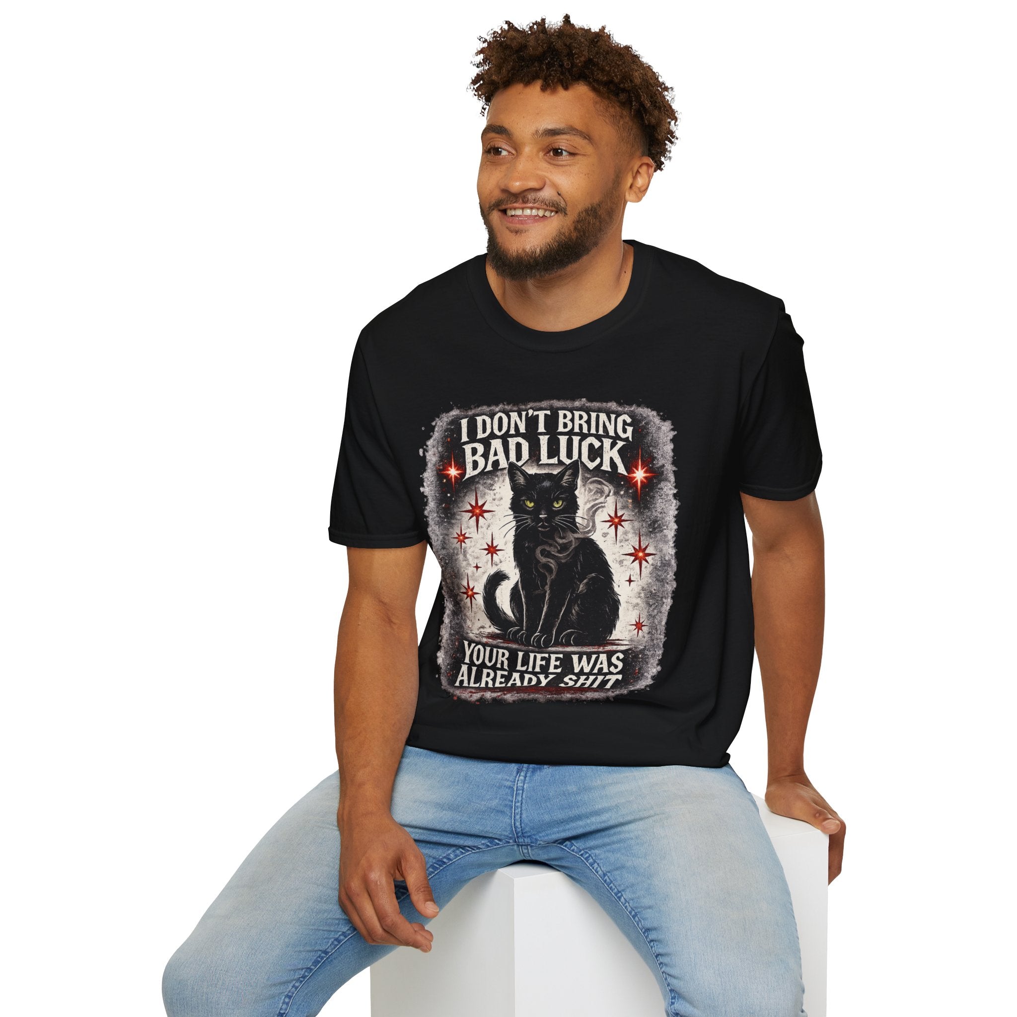 I Don’t Bring Bad Luck Black Cat T-Shirt | Vintage Witchy Halloween Graphic Tee | Spooky Cat Lover Shirt