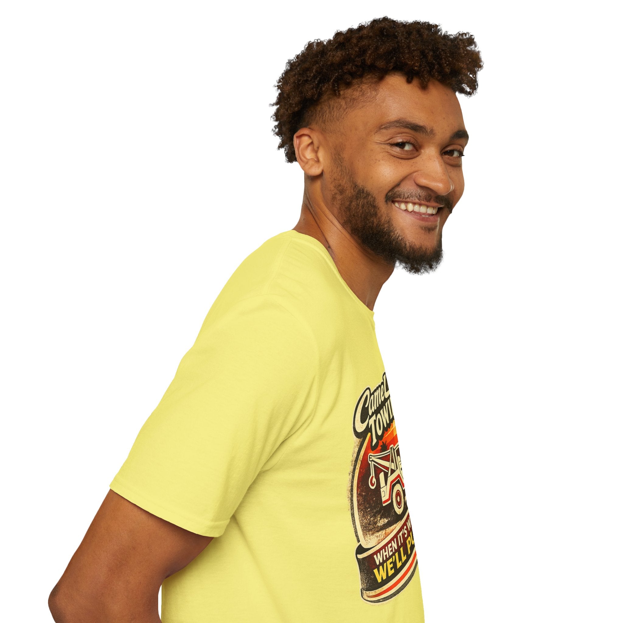 Camel Towing T-Shirt — "When It's Wedged In Tight, We'll Pull It Out" Vintage Tow Truck Tee