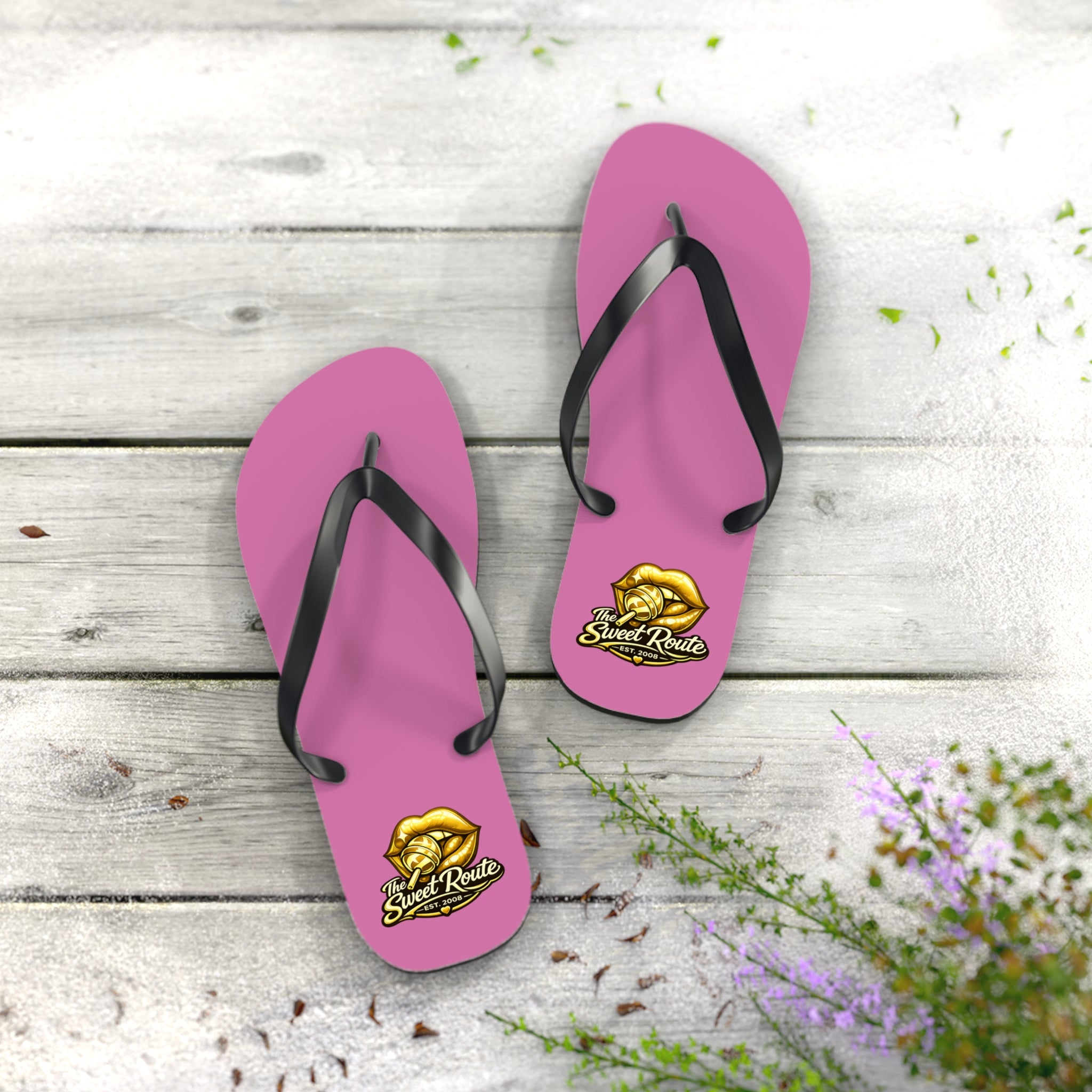 Gold Sweet Route Logo Beach Sandals