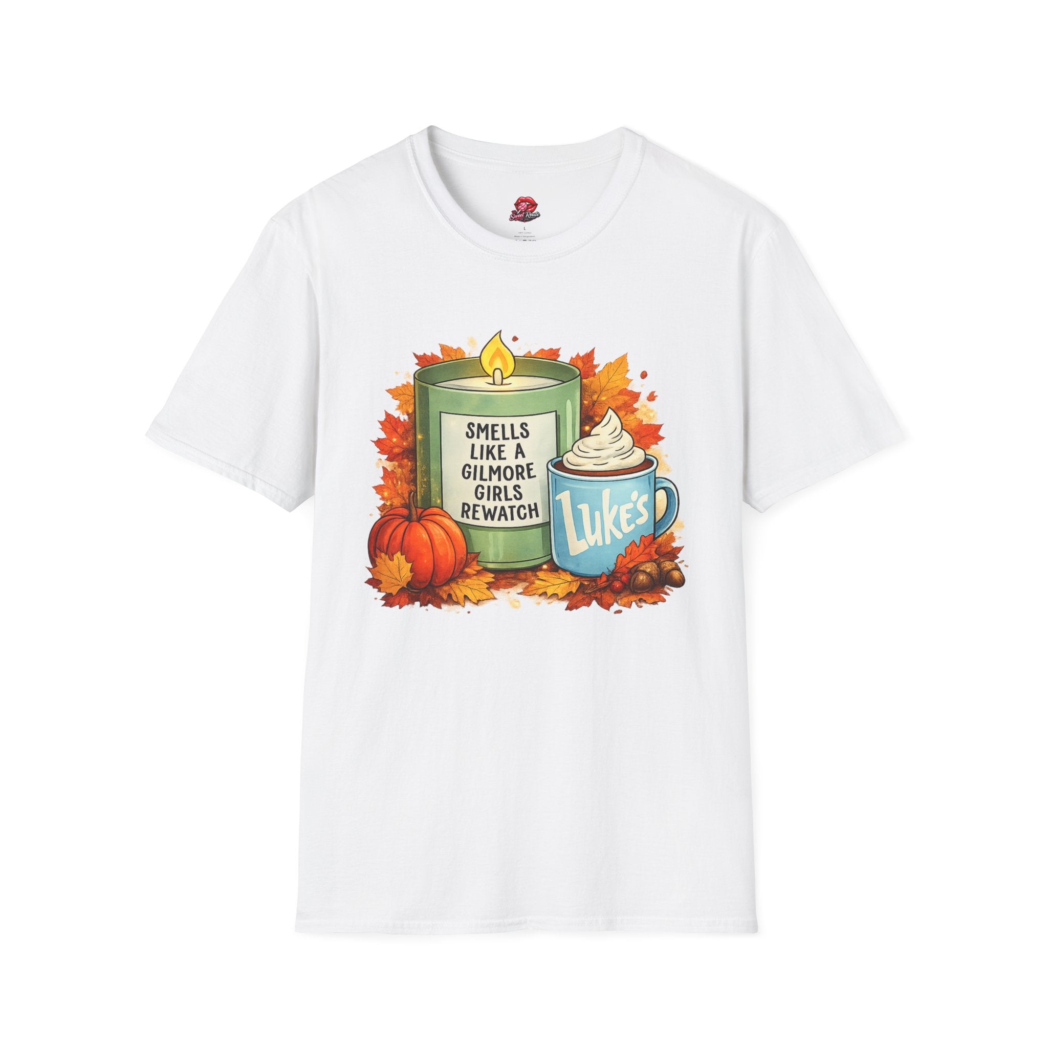 Smells Like a Cozy Fall Rewatch Graphic T-Shirt | Autumn Coffee & Candle Tee | Book Lover Fall Shirt