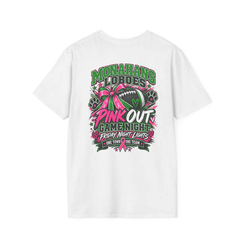 Monahans Loboes Pink Out Game Night T-Shirt – Paw Print Front & Statement Back
