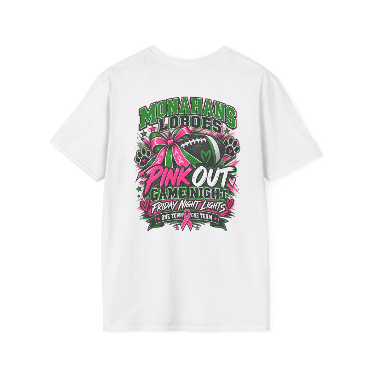 Monahans Loboes Pink Out Game Night T-Shirt – Paw Print Front & Statement Back