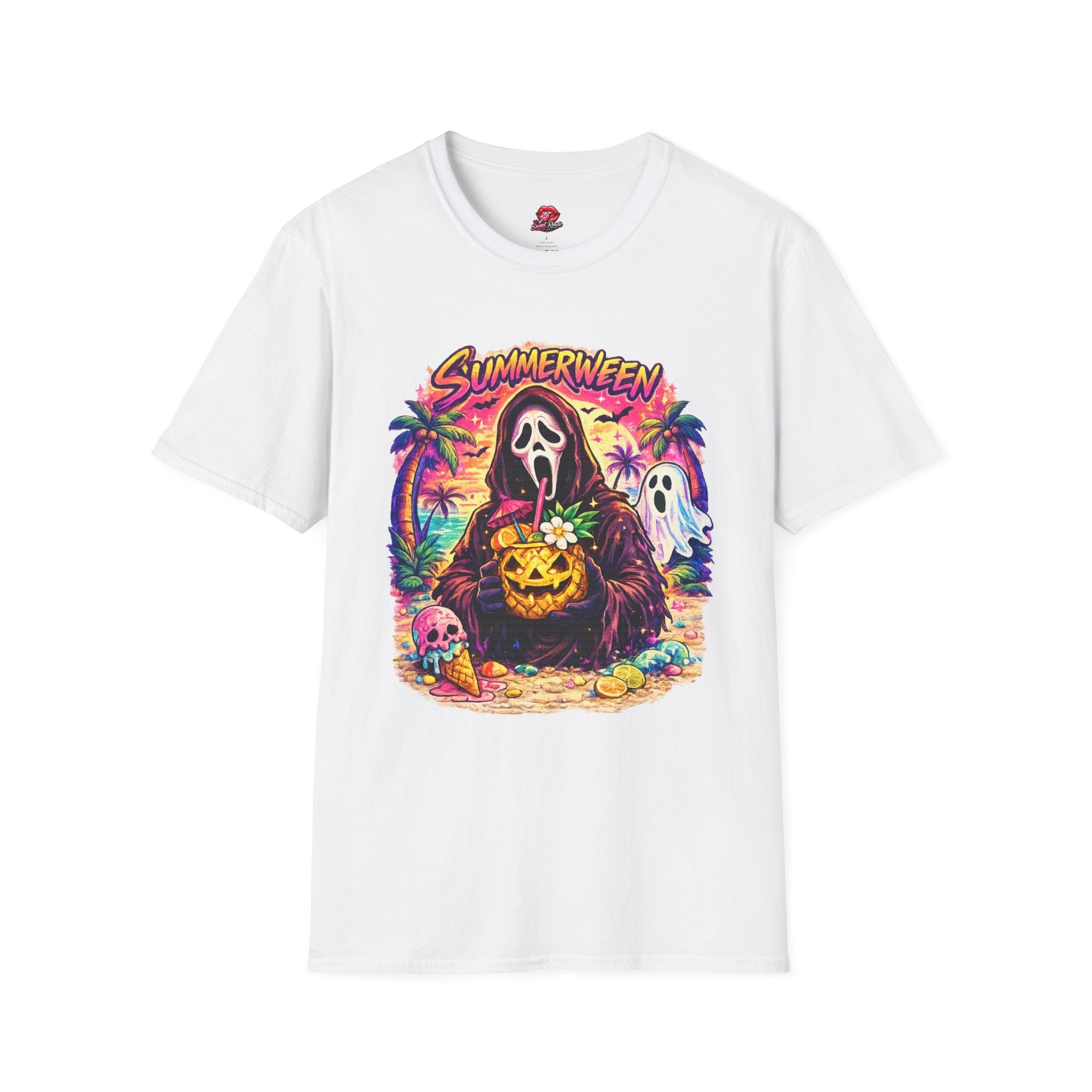 Summerween T-Shirt | Retro Tropical Halloween Graphic Tee | Spooky Beach Ghost Shirt | Cute Summer Halloween Shirt | Fall Lover Gift
