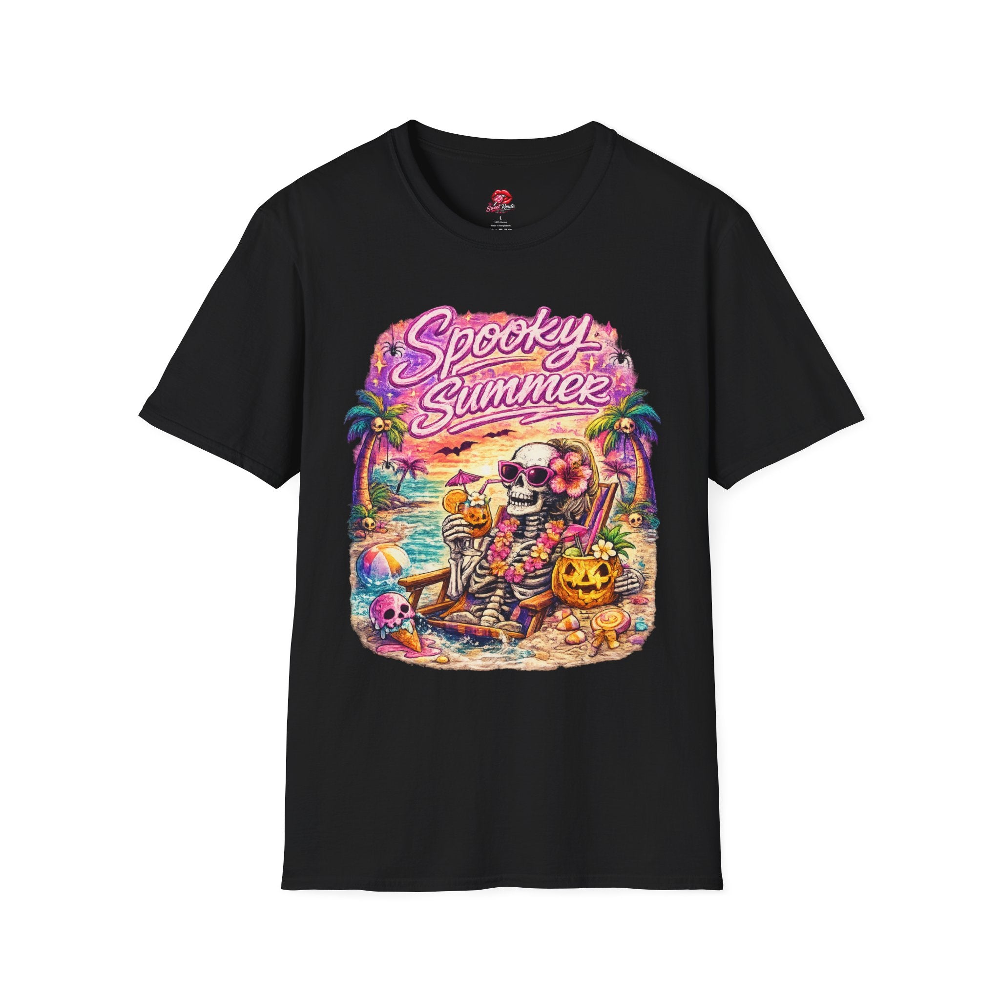 Spooky Summer T-Shirt | Retro Beach Skull & Palm Tree Shirt | Summerween Graphic Tee | Halloween Beach Vacation Shirt | Tropical Spooky Tee