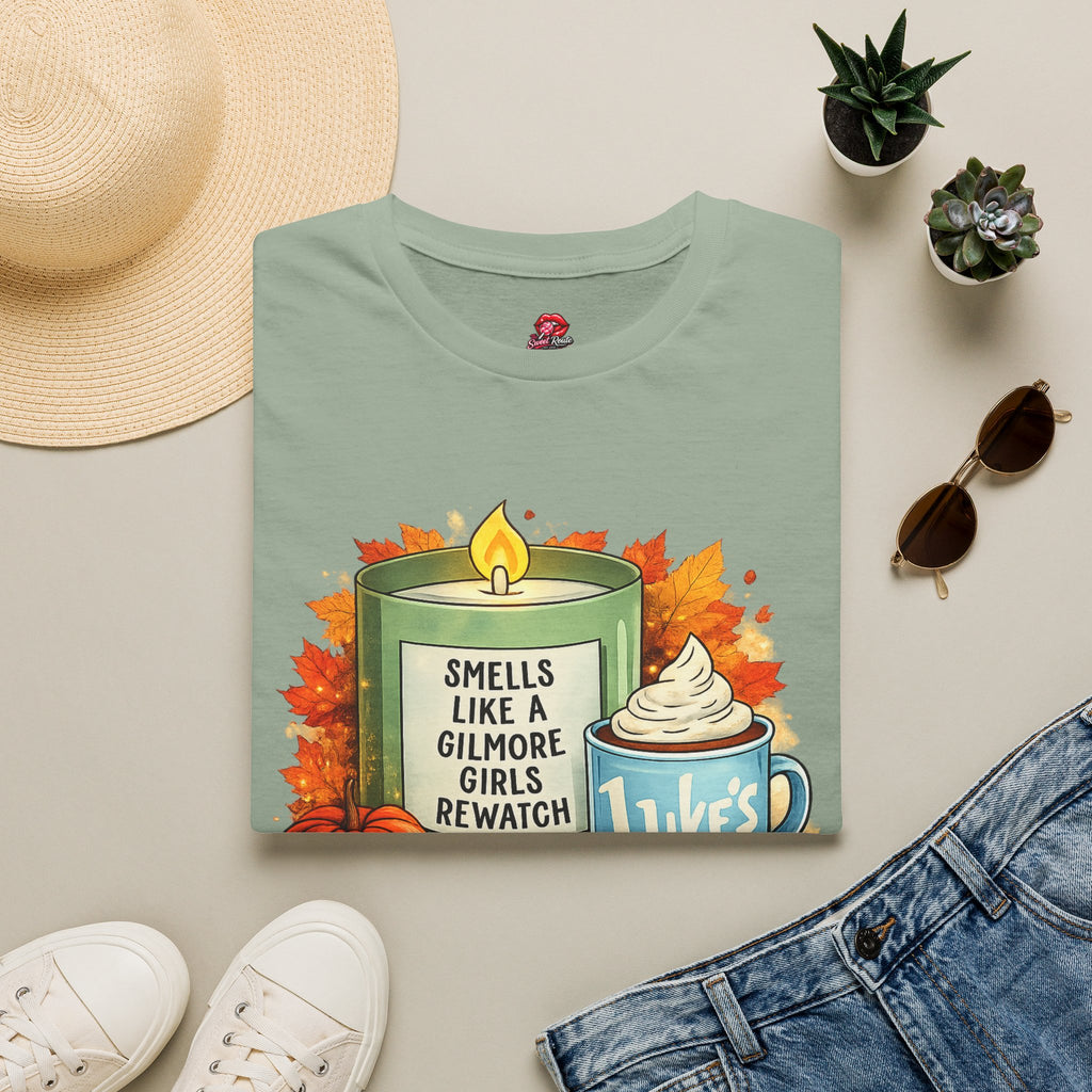 Smells Like a Cozy Fall Rewatch Graphic T-Shirt | Autumn Coffee & Candle Tee | Book Lover Fall Shirt
