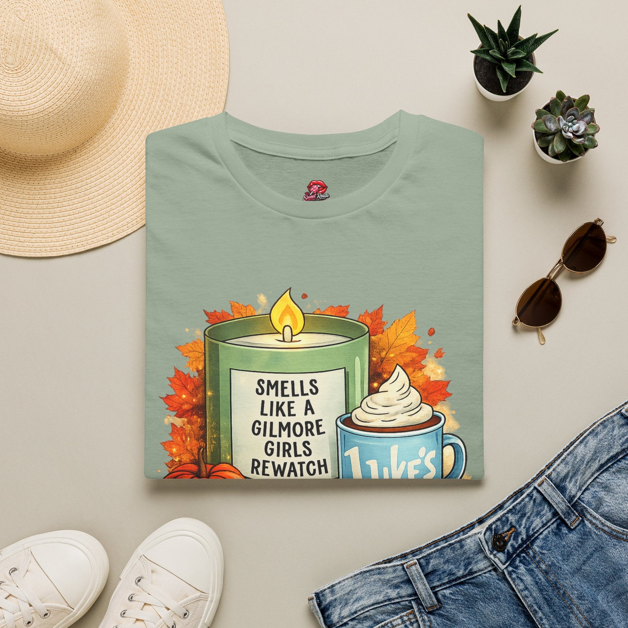 Smells Like a Cozy Fall Rewatch Graphic T-Shirt | Autumn Coffee & Candle Tee | Book Lover Fall Shirt