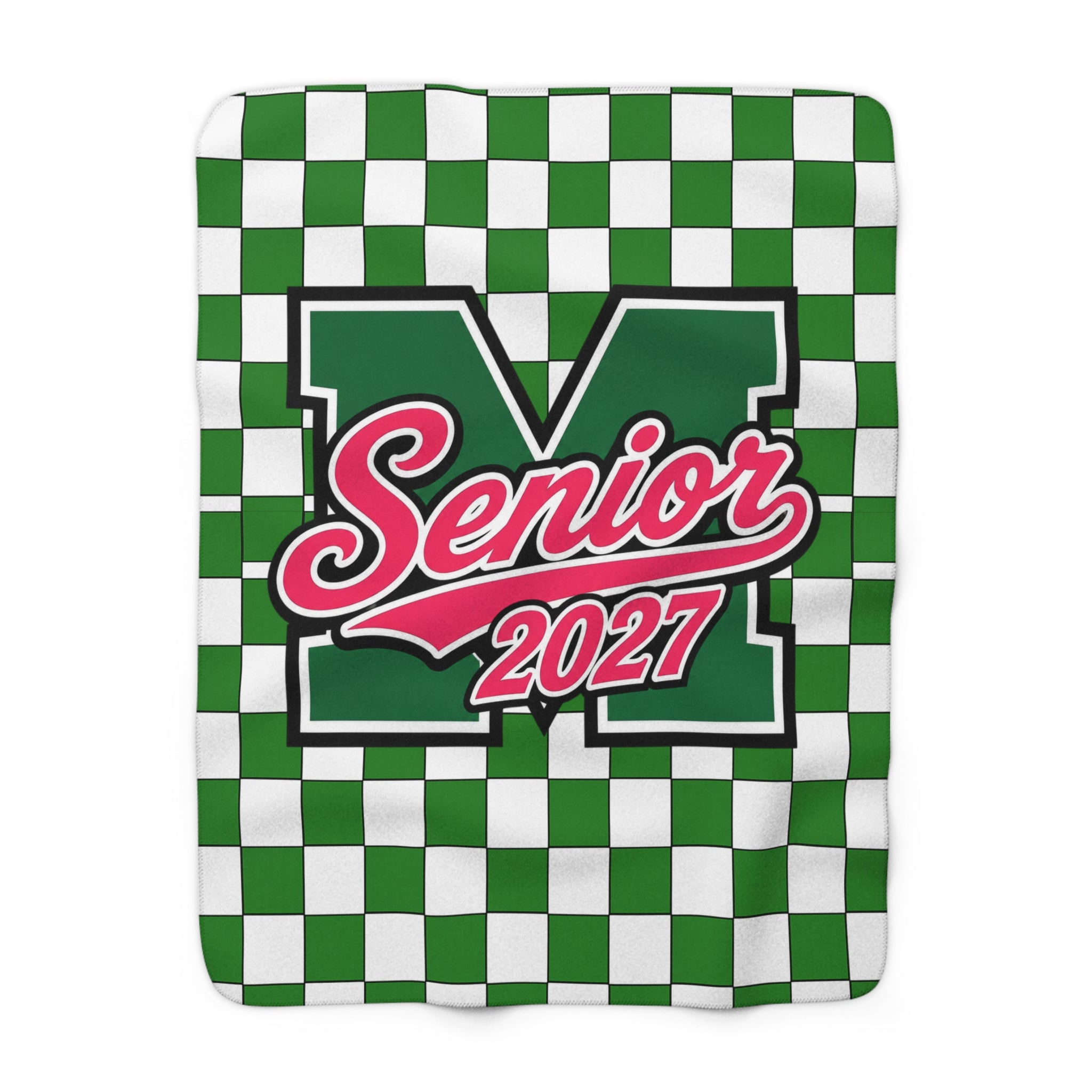 Senior 2027 Sherpa Fleece Blanket – Green Checkerboard Graduation Throw