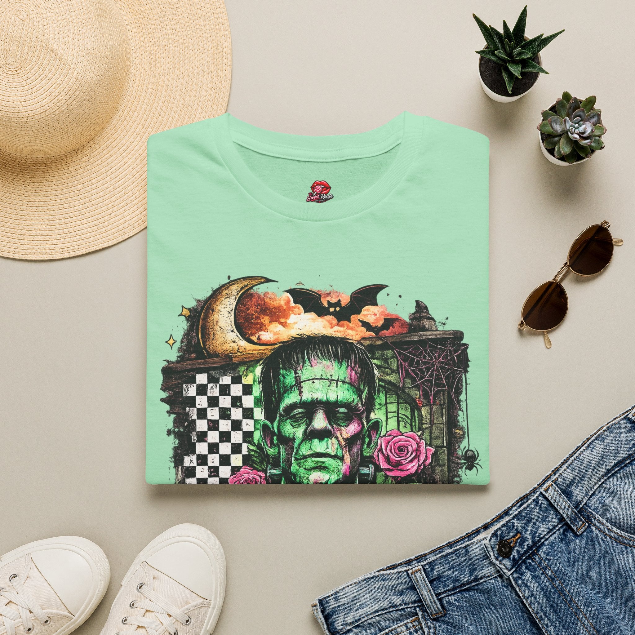 Frankly Don’t Care Frankenstein T-Shirt | Funny Halloween Monster Graphic Tee | Retro Spooky Frankenstein Shirt | Halloween Gift