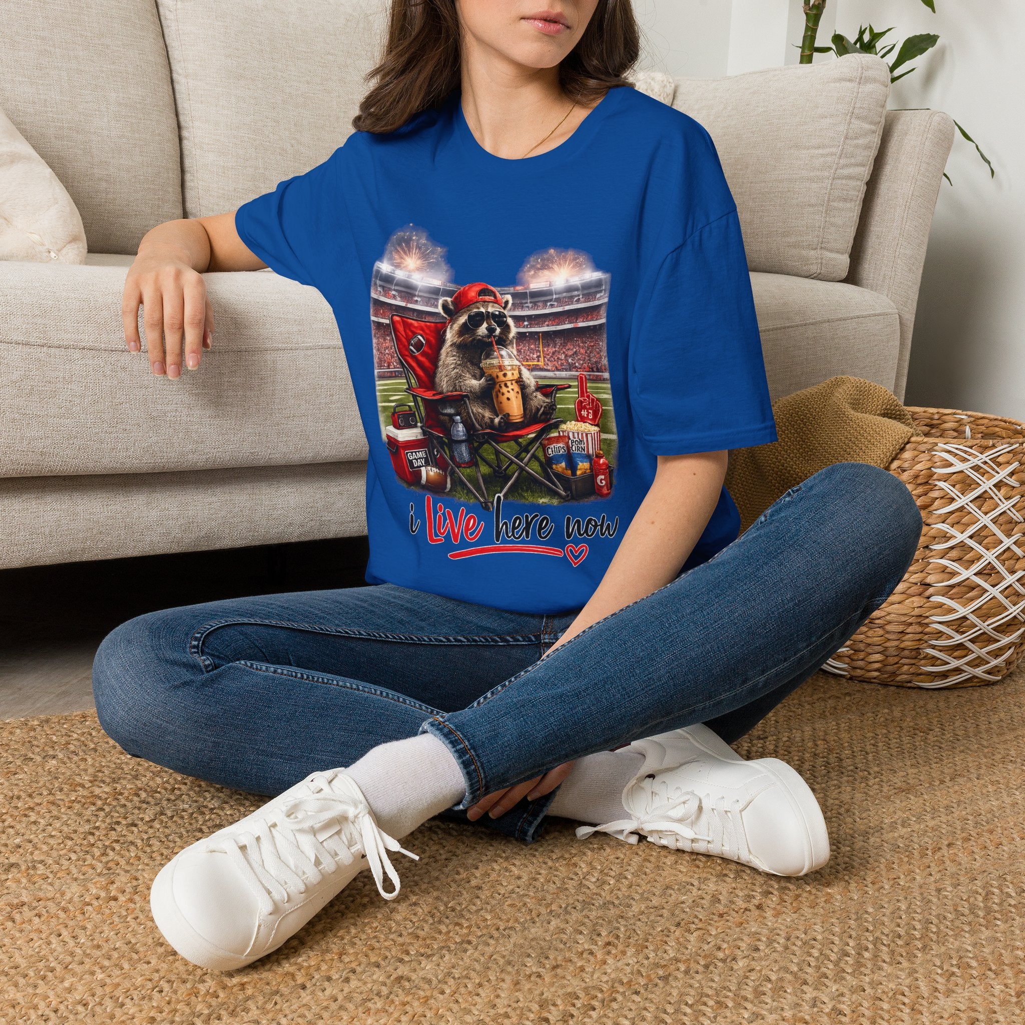 Raccoon Tailgate T-Shirt | “I Live Here Now” Funny Football Game Day Tee | Cute Fall Graphic Shirt