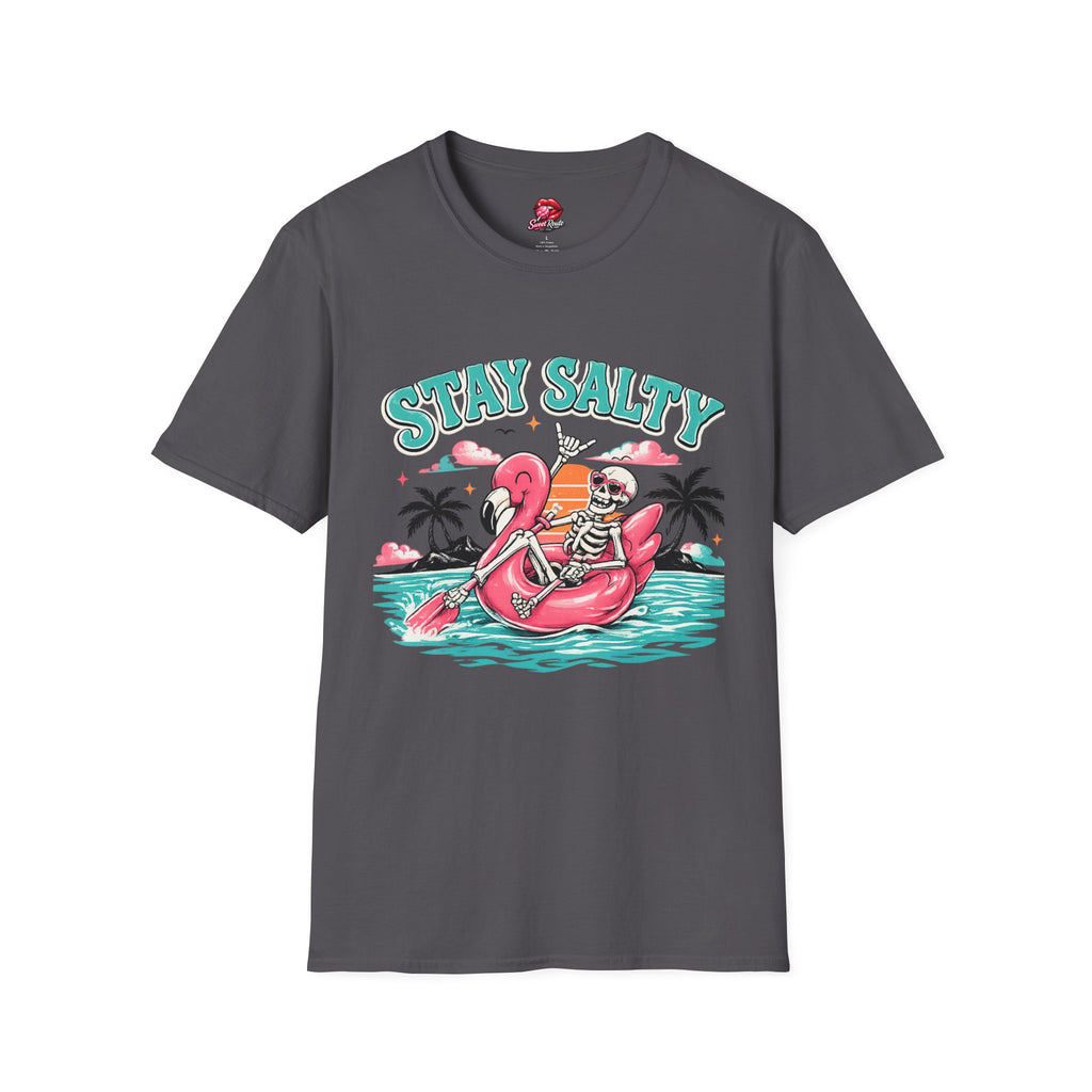 Stay Salty Skeleton Flamingo T-Shirt | Retro Beach Palm Graphic