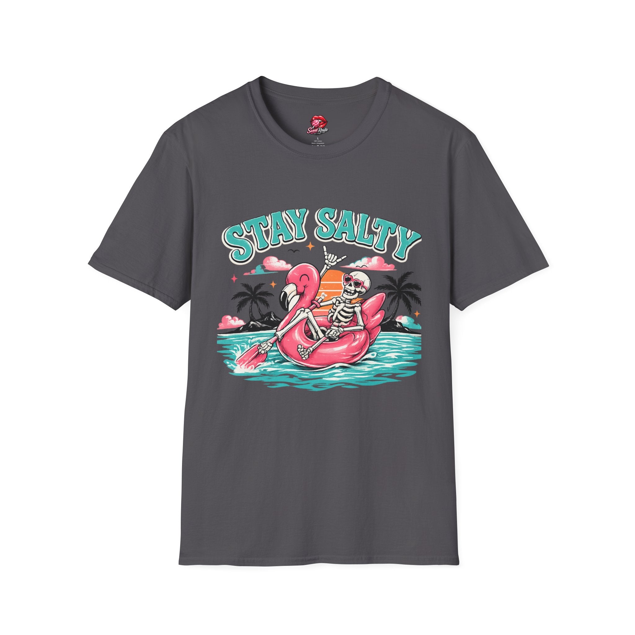 Stay Salty Skeleton Flamingo T-Shirt | Retro Beach Palm Graphic
