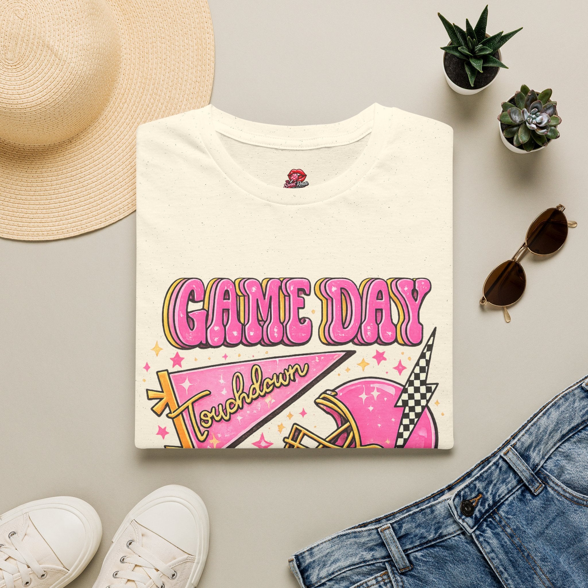 Game Day Touchdown T-Shirt | Pink Retro Football Graphic Tee | Cute Football Fan Shirt