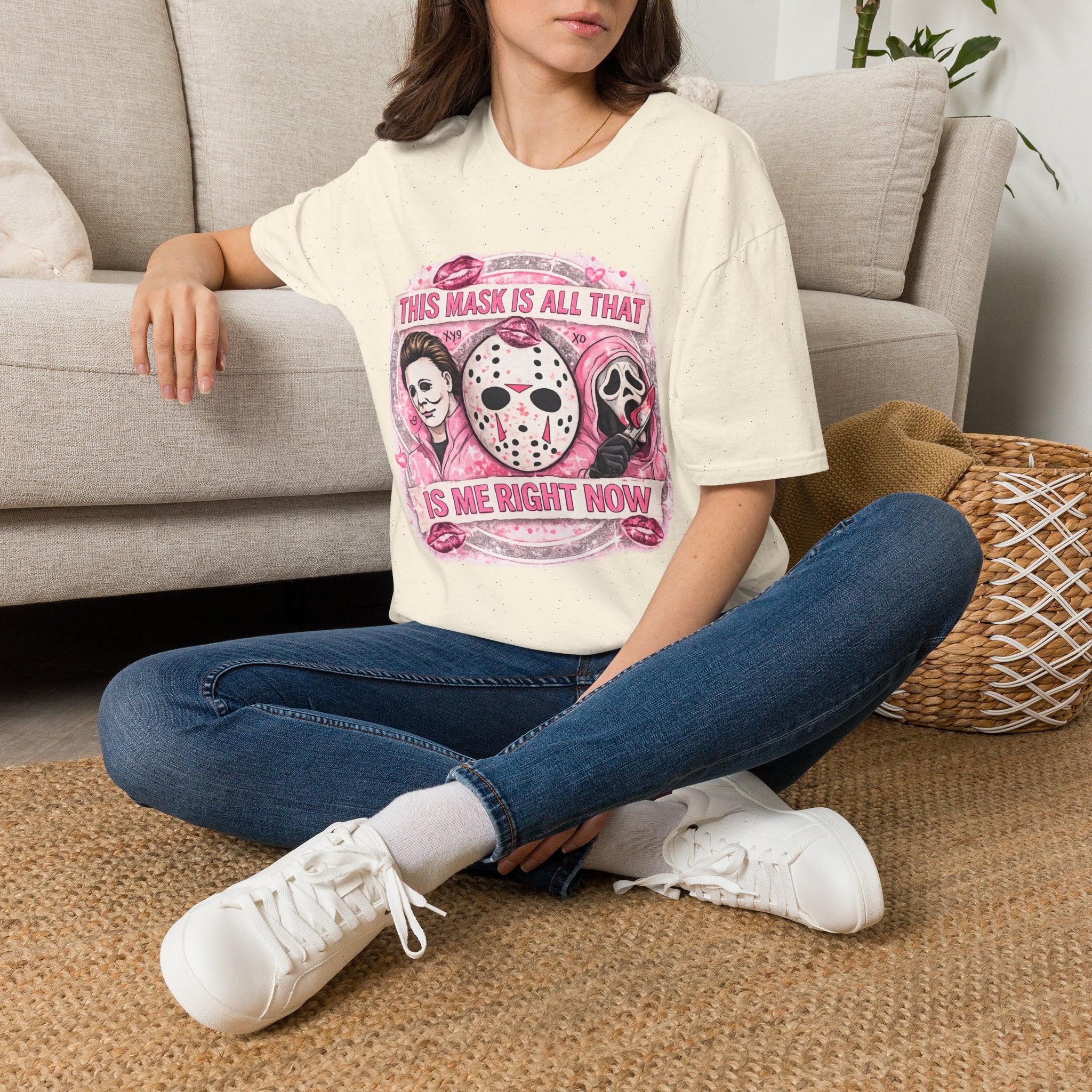 This Mask Is All That Graphic T-Shirt | Cute Pink Horror Inspired Tee | Retro Spooky Halloween Shirt | Creepy Cute Graphic Tee