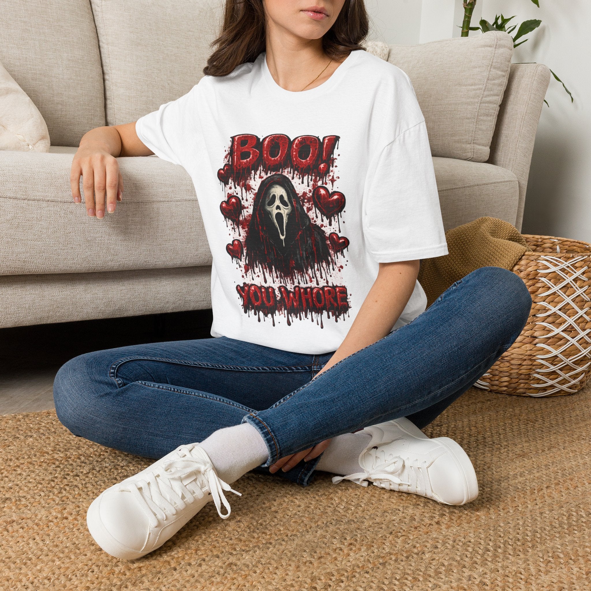 BOO Ghost Face Horror T-Shirt | Bloody Hearts Halloween Shirt | Cute Horror Movie Tee | Spooky Season Graphic Tee | Slasher Fan Gift