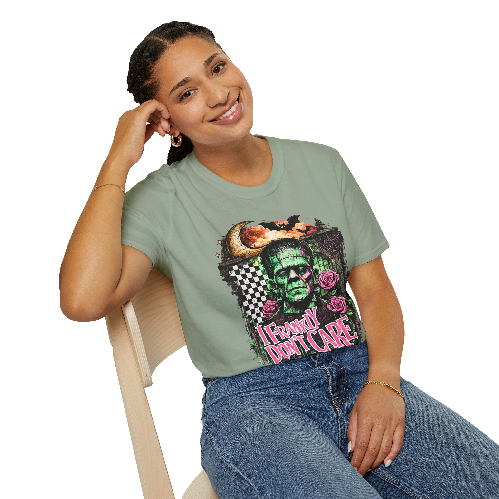 Frankly Don’t Care Frankenstein T-Shirt | Funny Halloween Monster Graphic Tee | Retro Spooky Frankenstein Shirt | Halloween Gift