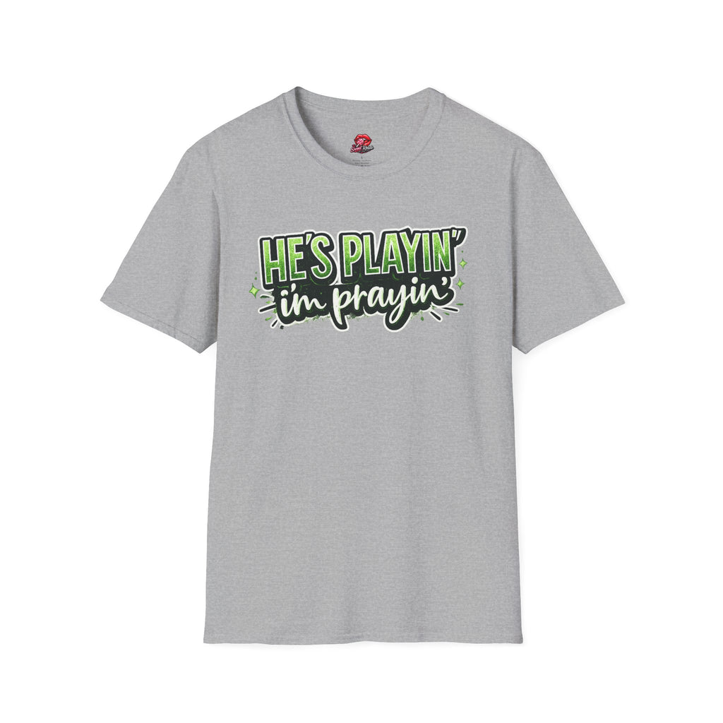 He’s Playin’ I’m Prayin Football Tee