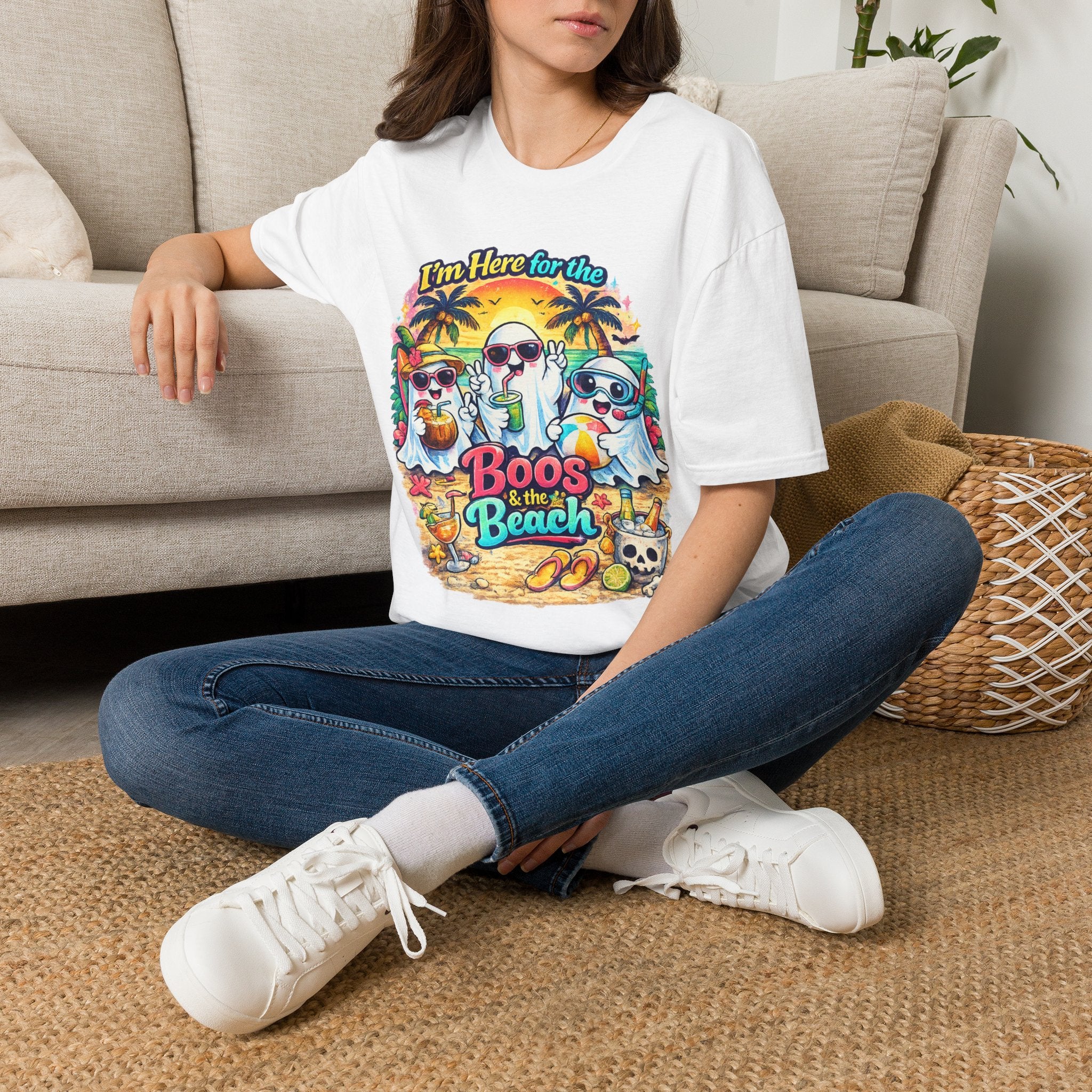 I’m Here for the Boos at the Beach Shirt | Summerween Ghost Beach T-Shirt | Cute Coastal Halloween Tee | Retro Spooky Beach Vacation Shirt
