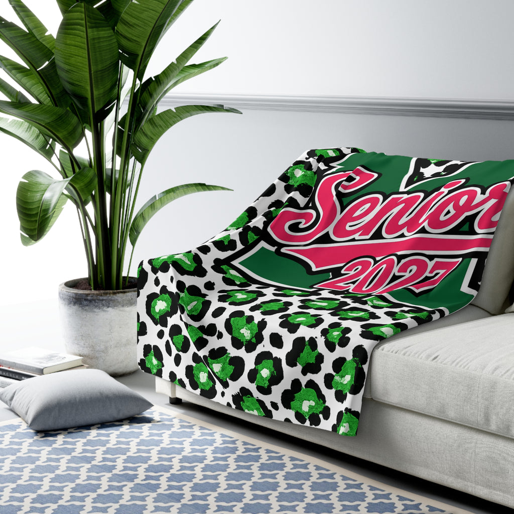 Senior 2027 Sherpa Blanket - Green Leopard Print Graduation Throw