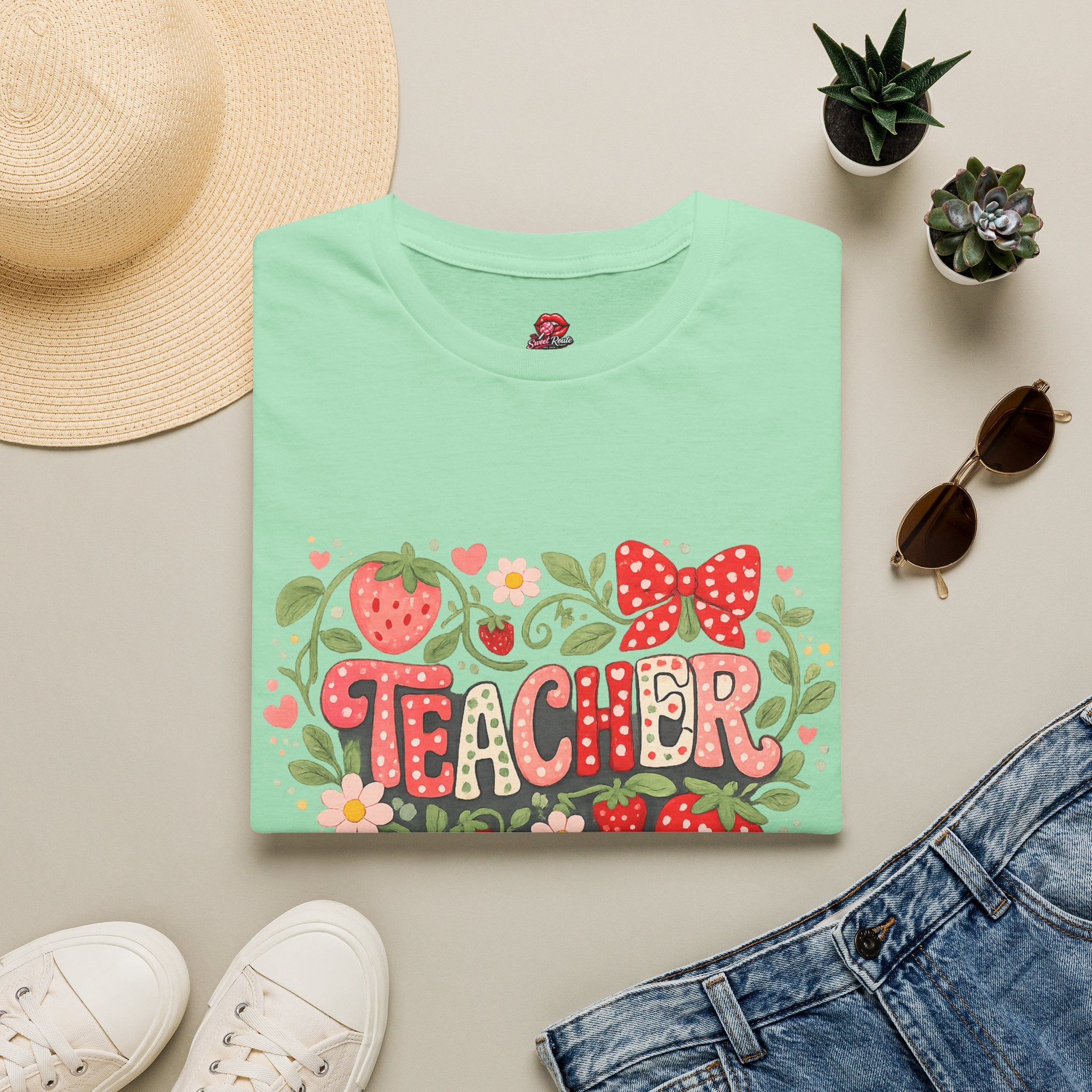 Teacher Strawberry Floral T-Shirt | Cute Coquette Teacher Shirt | Retro School Tee | Back to School Gift for Teachers