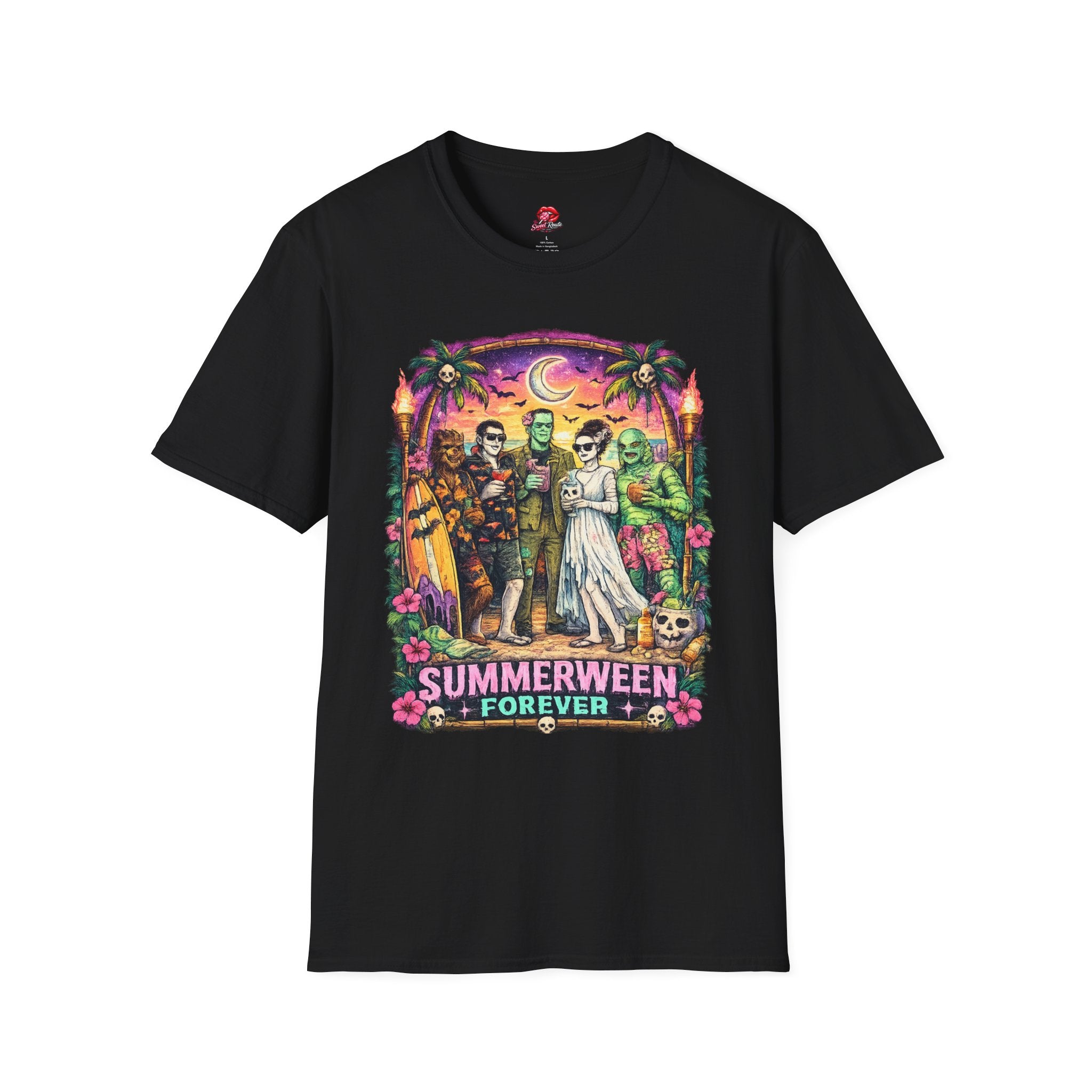 Summerween Forever T-Shirt | Retro Monster Beach Party Graphic Tee | Spooky Summer Halloween Shirt | Cute Horror Vacation Tee