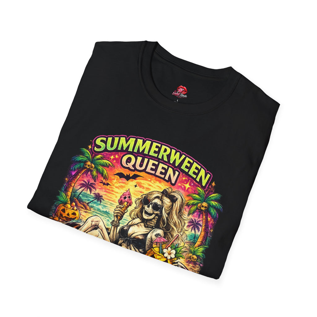 Summerween Queen T‑Shirt | Retro Halloween Beach Shirt | Spooky Summer Graphic Tee | Cute Ghost Vacation Tee| Fall Lover Gift