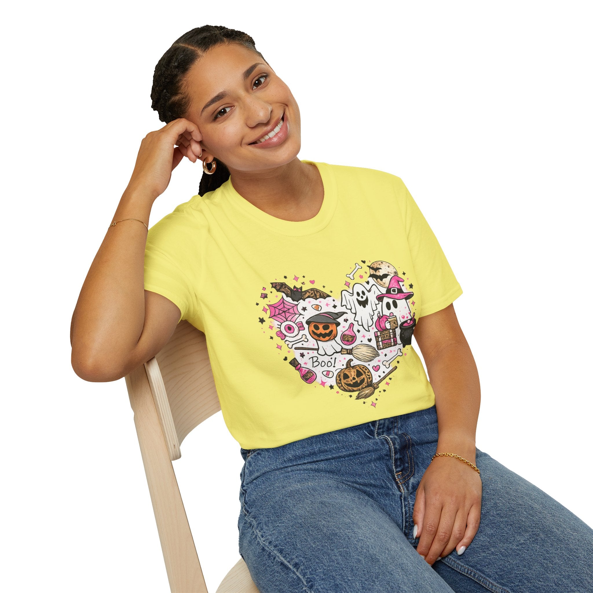 Cute Pink Halloween Characters T-Shirt | Coquette Ghost Pumpkin Graphic Tee | Girly Spooky Season Shirt | Retro Halloween Tee