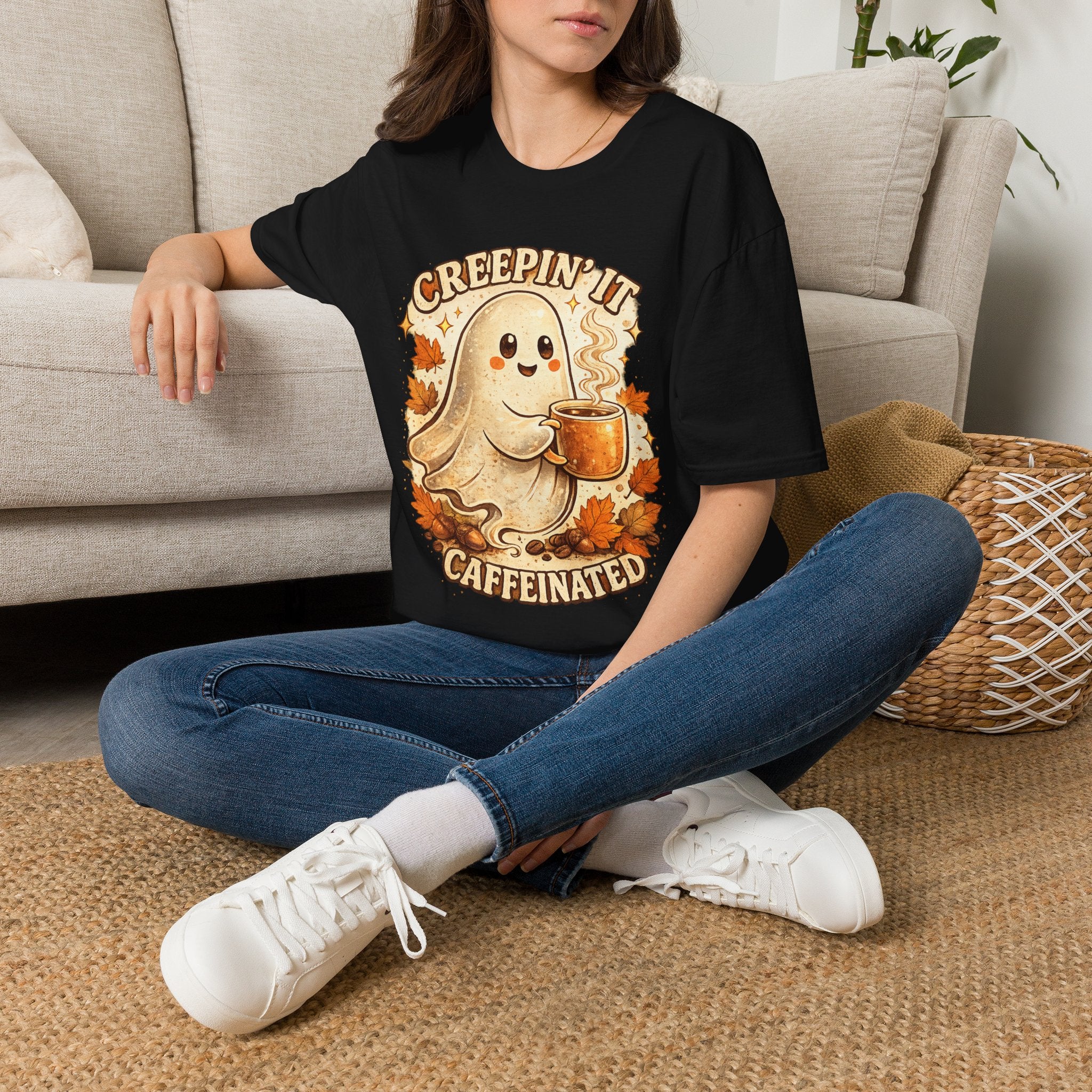 Creepin' It Ghost Coffee Shirt | Cute Halloween Coffee Tee | Fall Ghost Graphic T-Shirt | Spooky Season Coffee Lover Gift