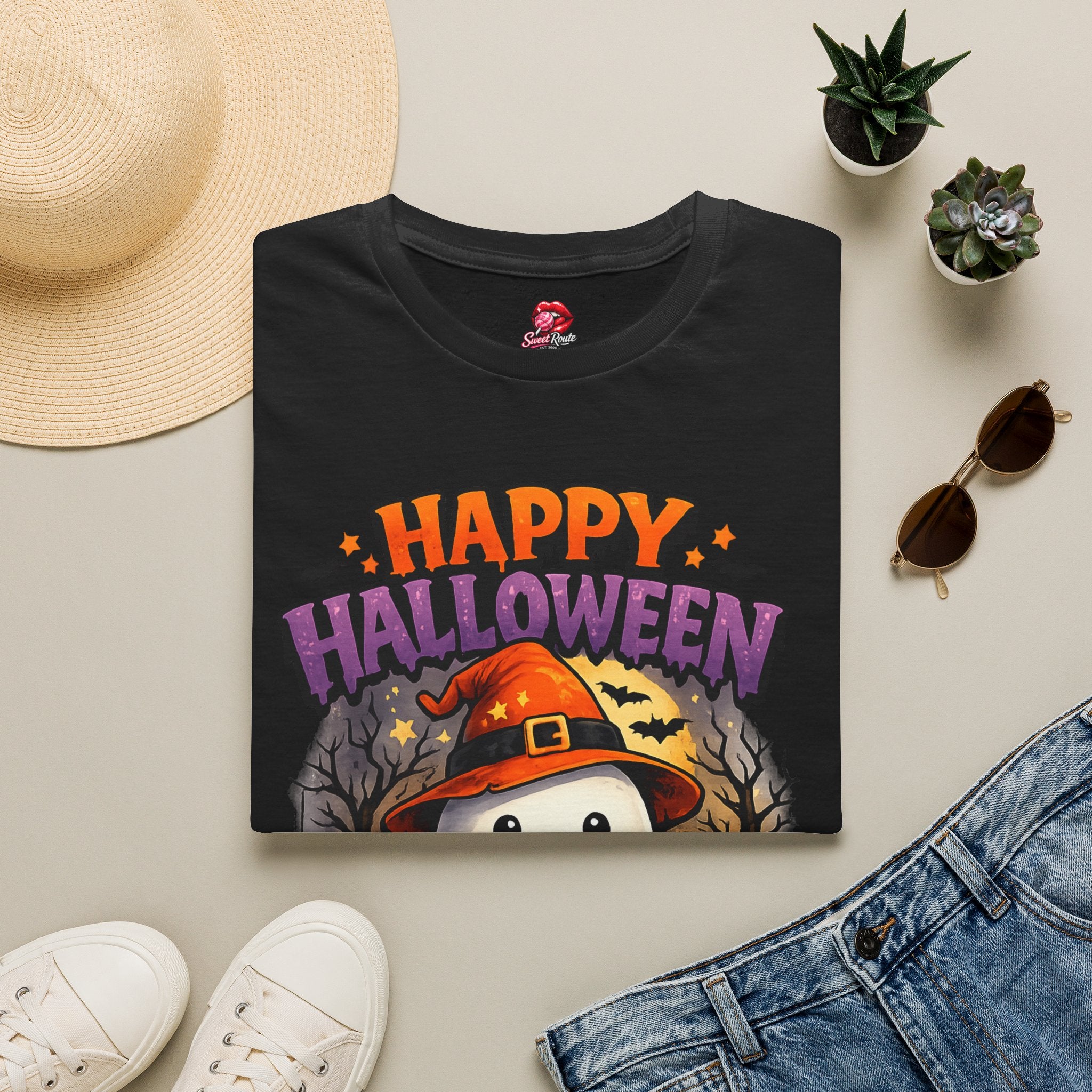 Happy Halloween Ghost Graphic T-Shirt | Cute Trick or Treat Retro Halloween Tee
