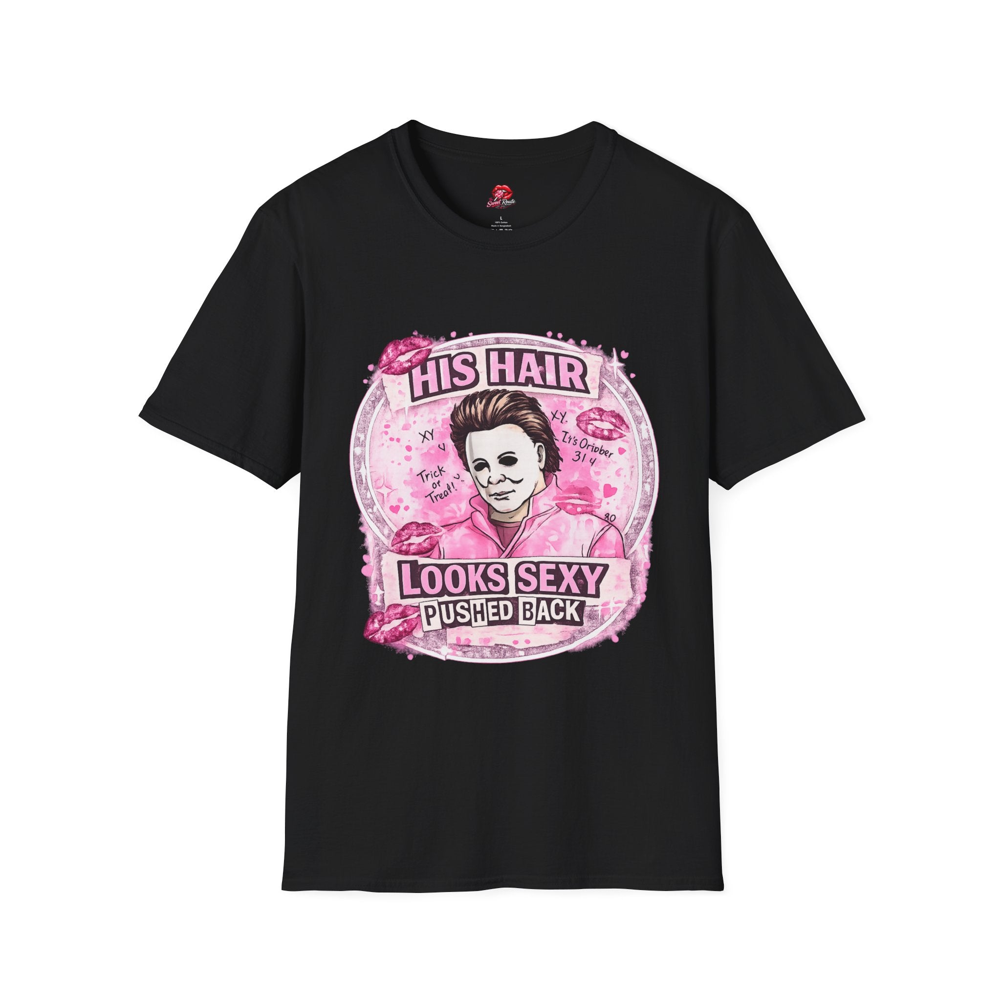 His Hair Looks Pushed Back T-Shirt | Funny Retro Graphic Tee | Pink Pop Culture Inspired Shirt | Cute Sarcastic Women’s Tee