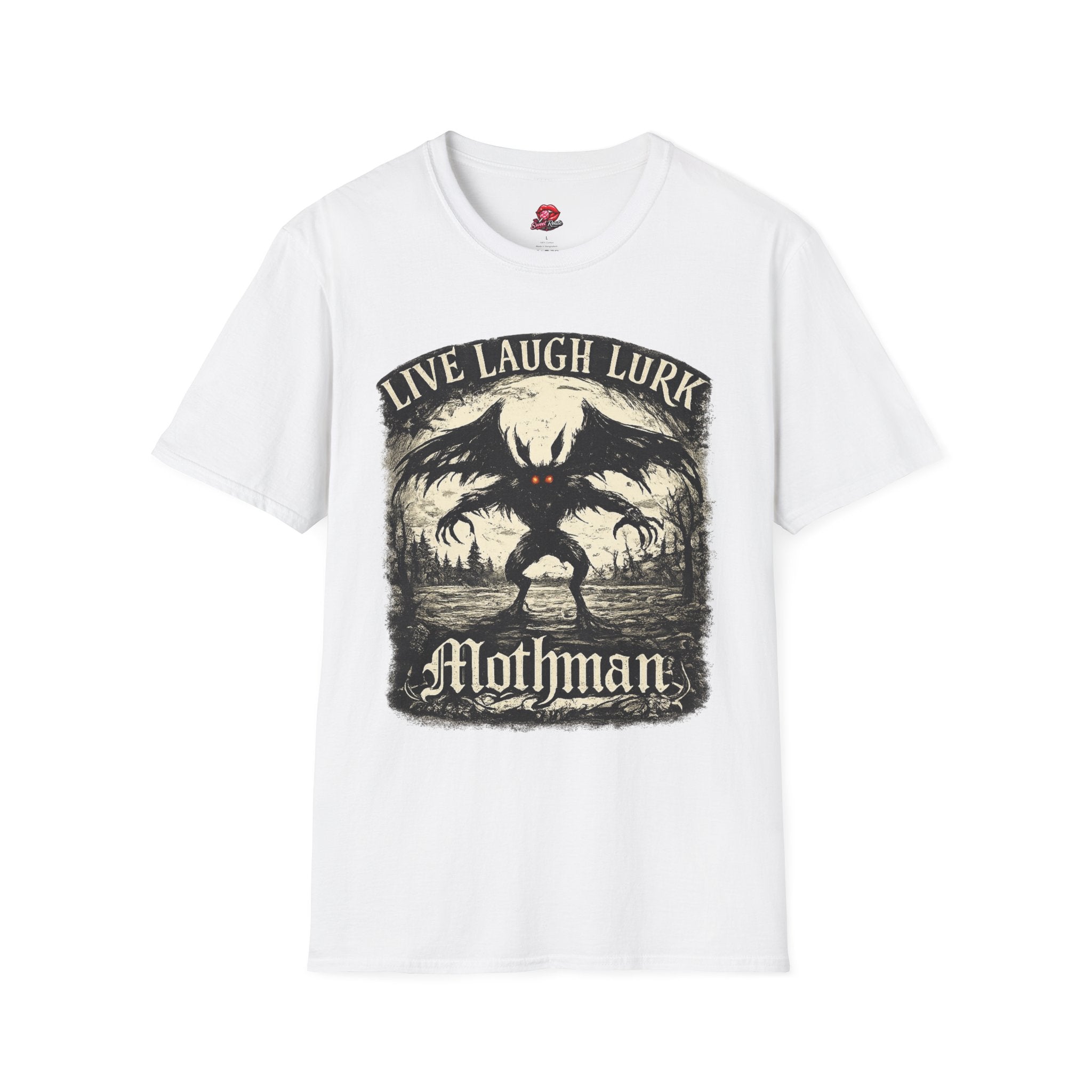 Mothman Live Laugh Lurk Graphic T-Shirt | Funny Cryptid Tee | Vintage Horror Shirt | Spooky Halloween Gift | Paranormal Apparel
