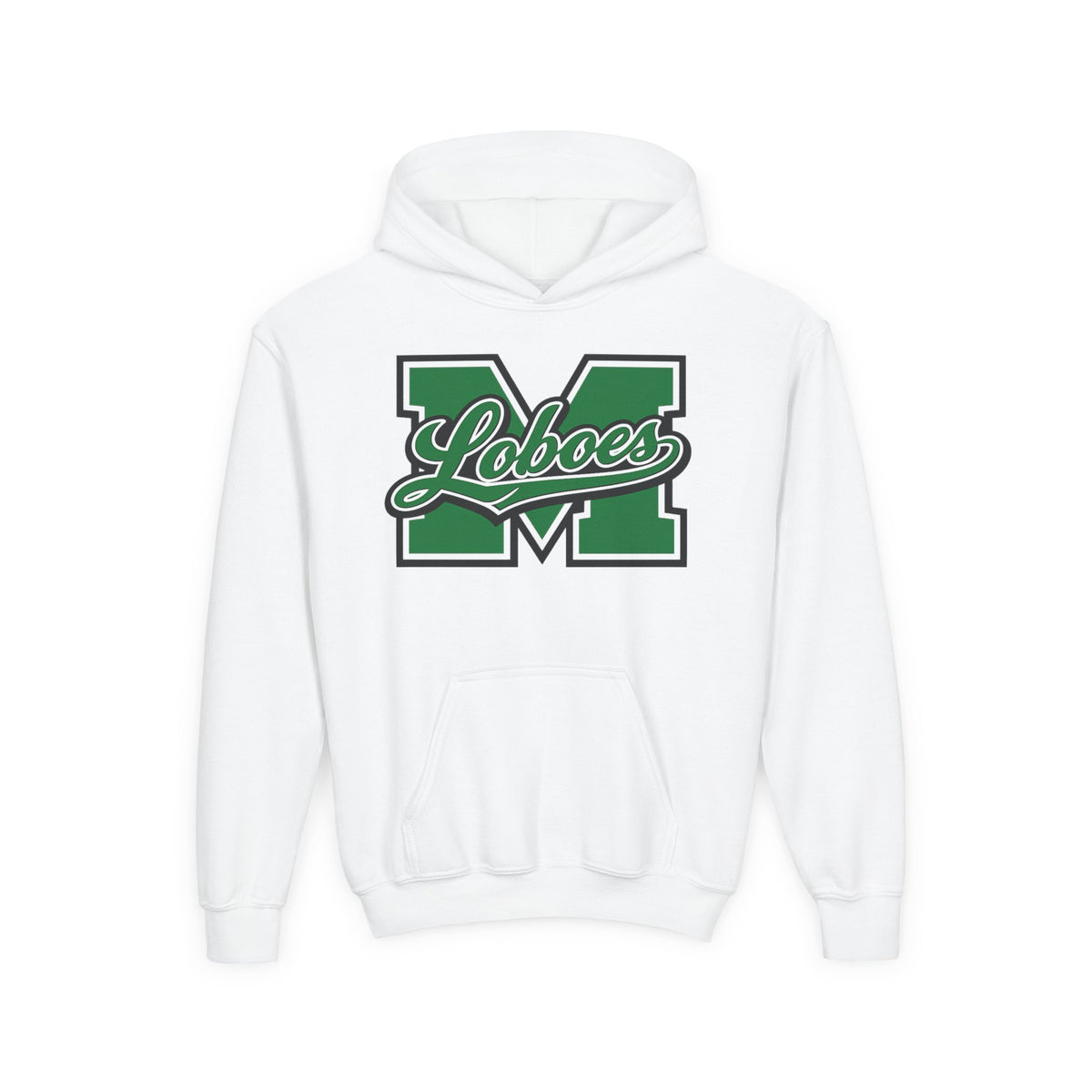 Youth Loboes M Letter Hoodie — Green & White School Spirit Sweatshirt