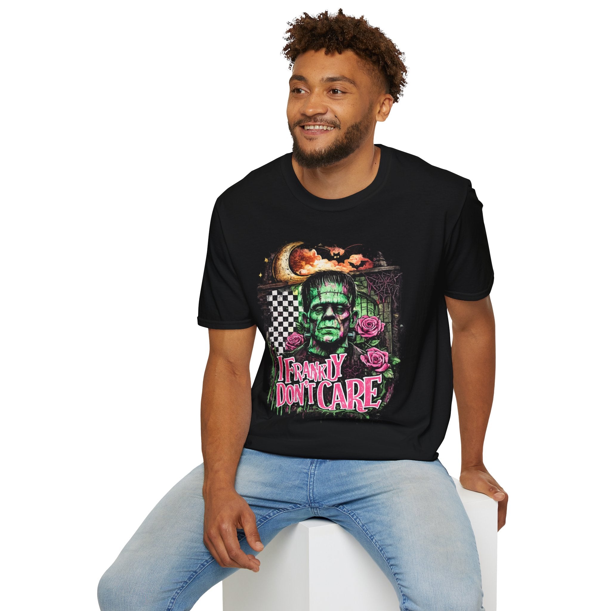 Frankly Don’t Care Frankenstein T-Shirt | Funny Halloween Monster Graphic Tee | Retro Spooky Frankenstein Shirt | Halloween Gift