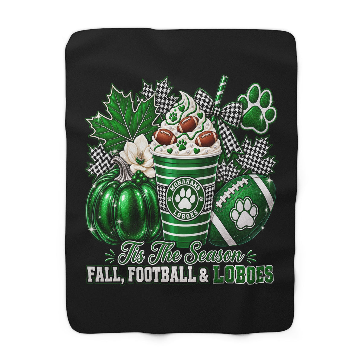 Fall, Football & Loboes Sherpa Blanket – Cozy Green Paw Print Team Throw