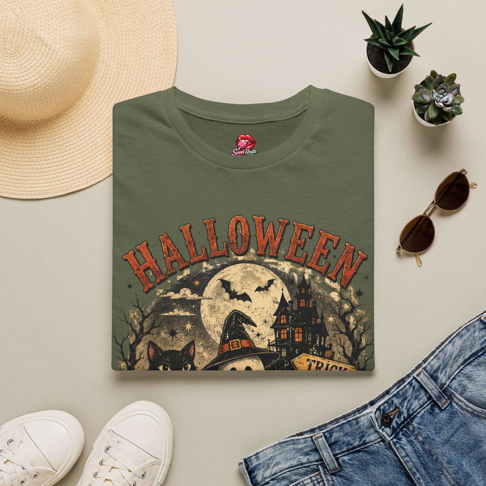 Vintage Haunted House Halloween Graphic Tee | Ghost & Pumpkin Retro Fall Tee