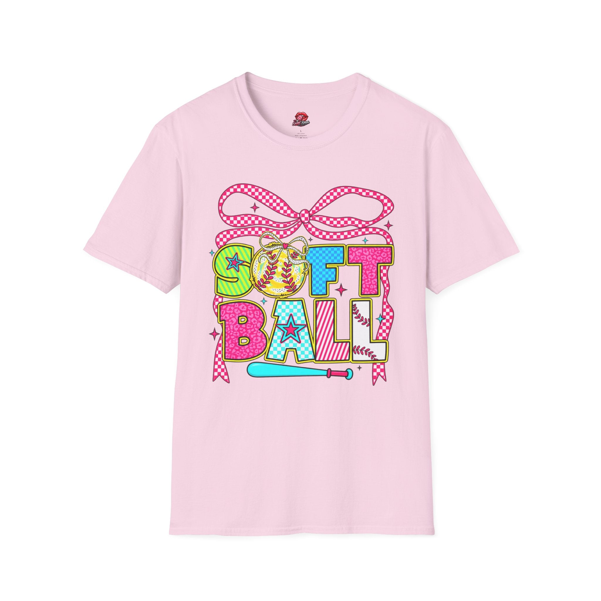Colorful Bow & Bat Softball Tee