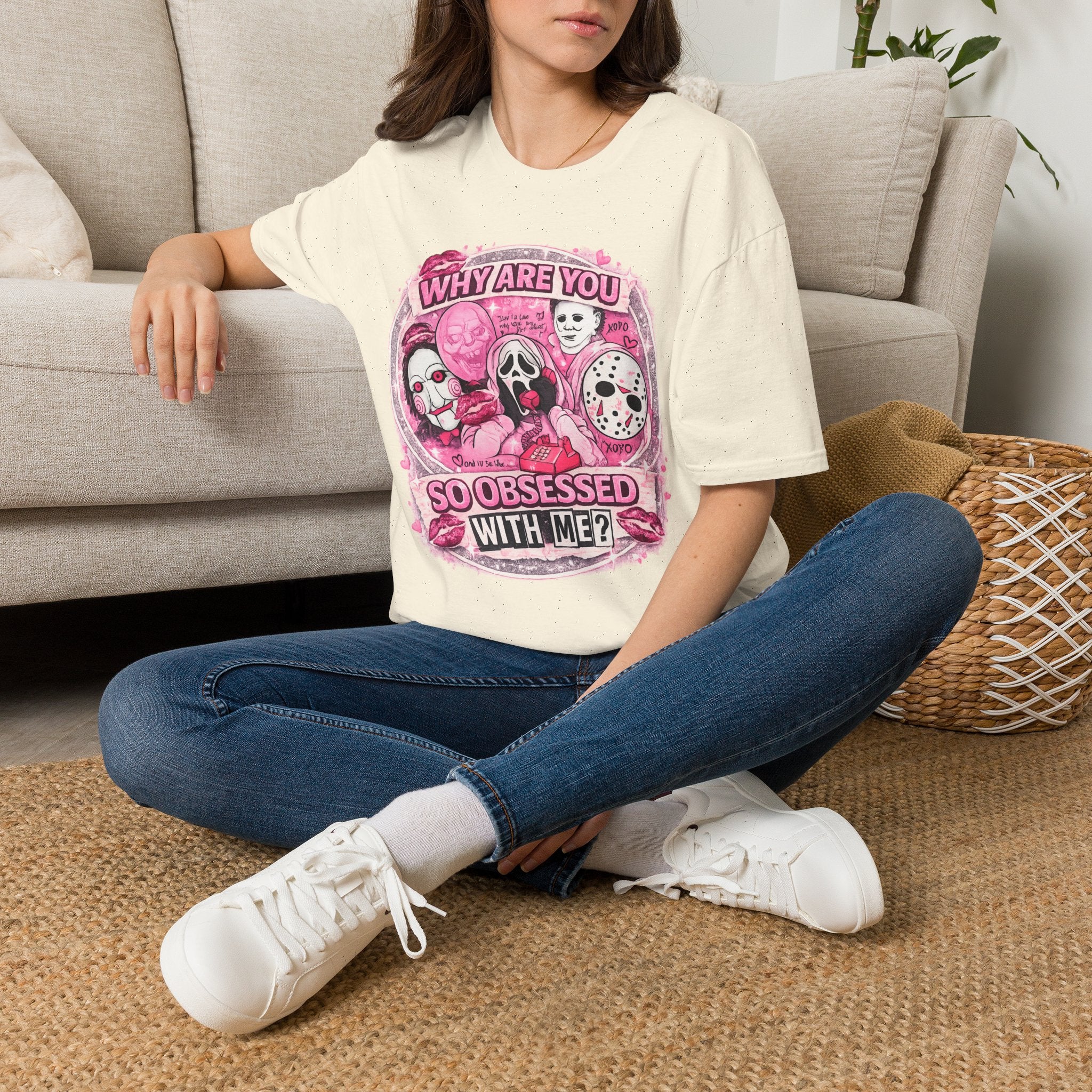 Why Are You So Obsessed With Me? Horror Icons T-Shirt | Pink Spooky Graphic Tee | Cute Halloween Horror Shirt
