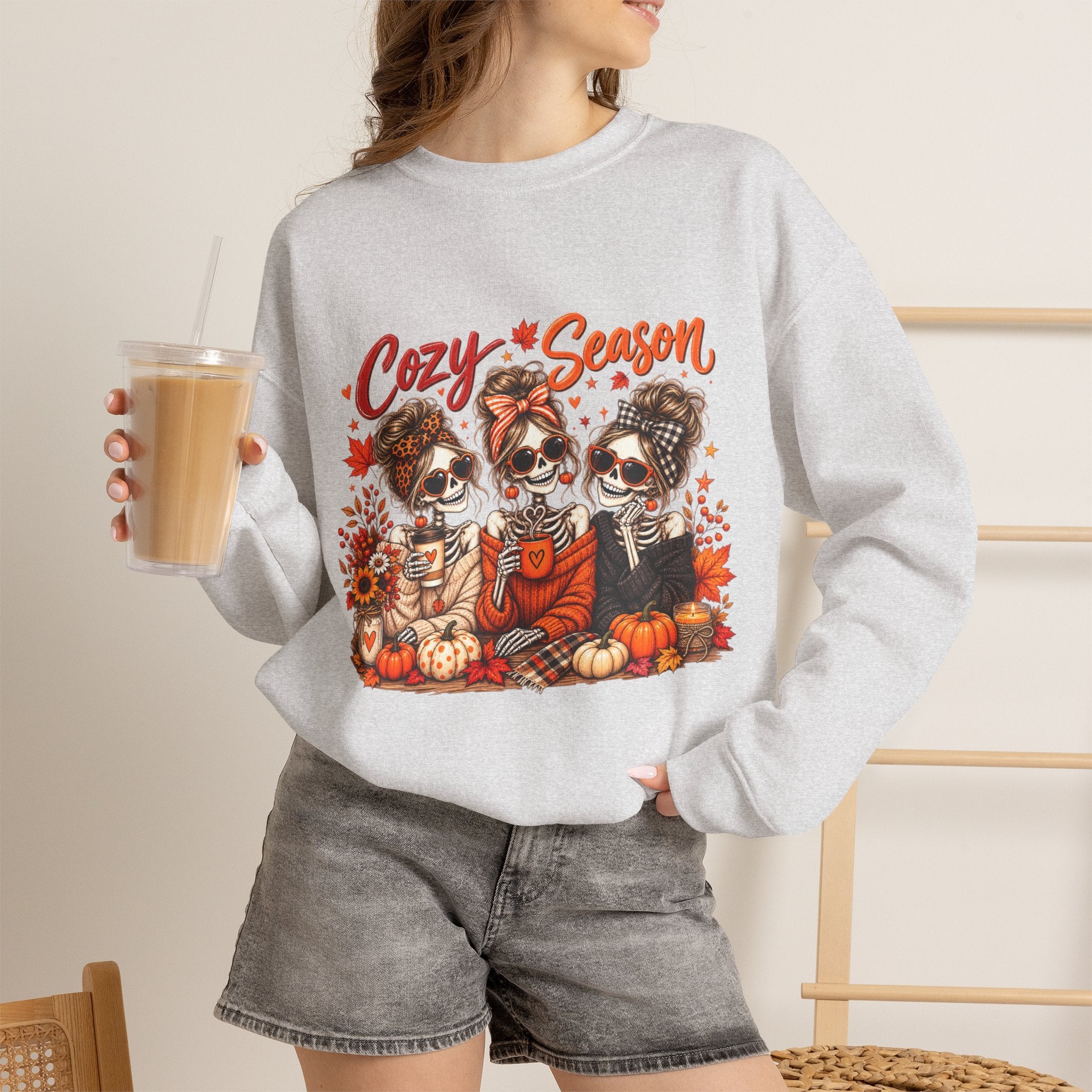 Cozy Season Halloween Crewneck Sweatshirt — Pumpkins & Sugar Skull Dogs
