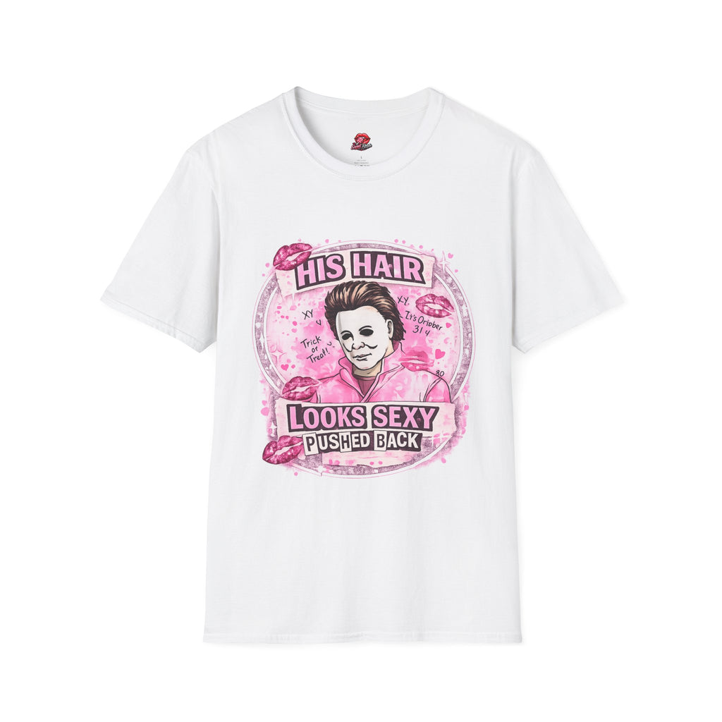 His Hair Looks Pushed Back T-Shirt | Funny Retro Graphic Tee | Pink Pop Culture Inspired Shirt | Cute Sarcastic Women’s Tee